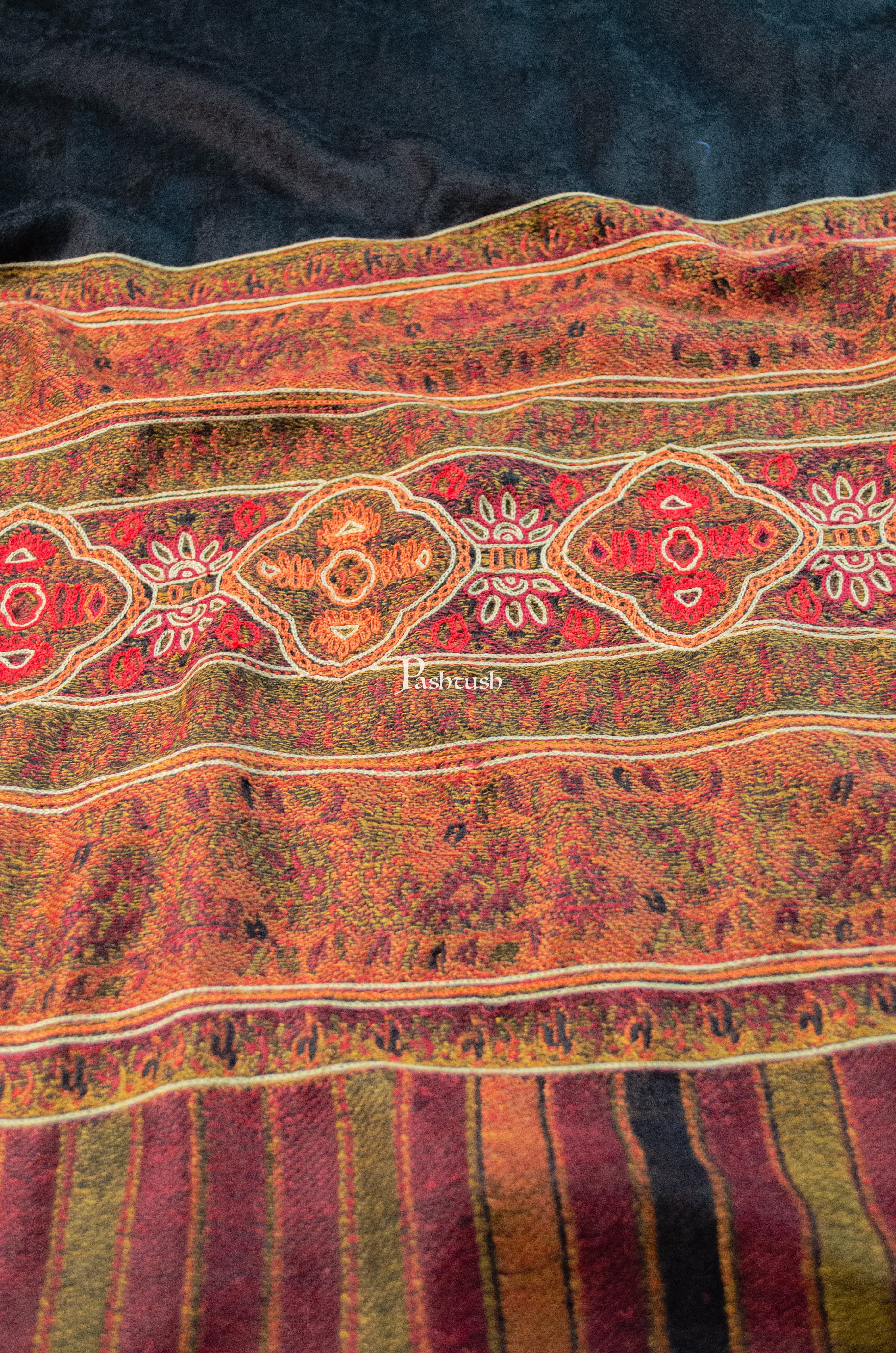 Pashtush Womens Extra Fine Wool Shawl, Aztec Nalki Hand Embroidery Palla Design, Black - Image 5