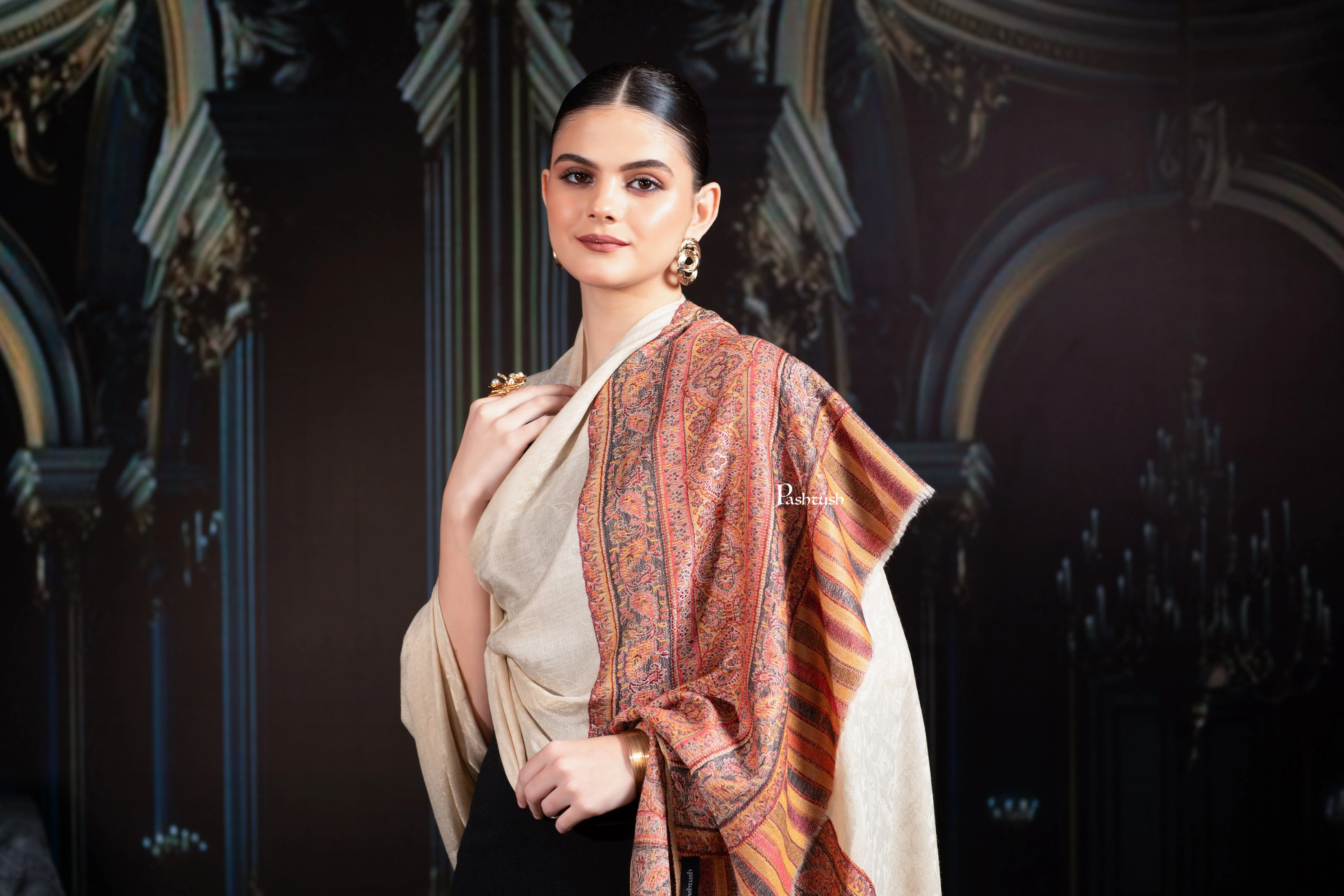 Pashtush Womens Extra Fine Wool Shawl, Aztec Palla Woven Design, Beige - Image 6