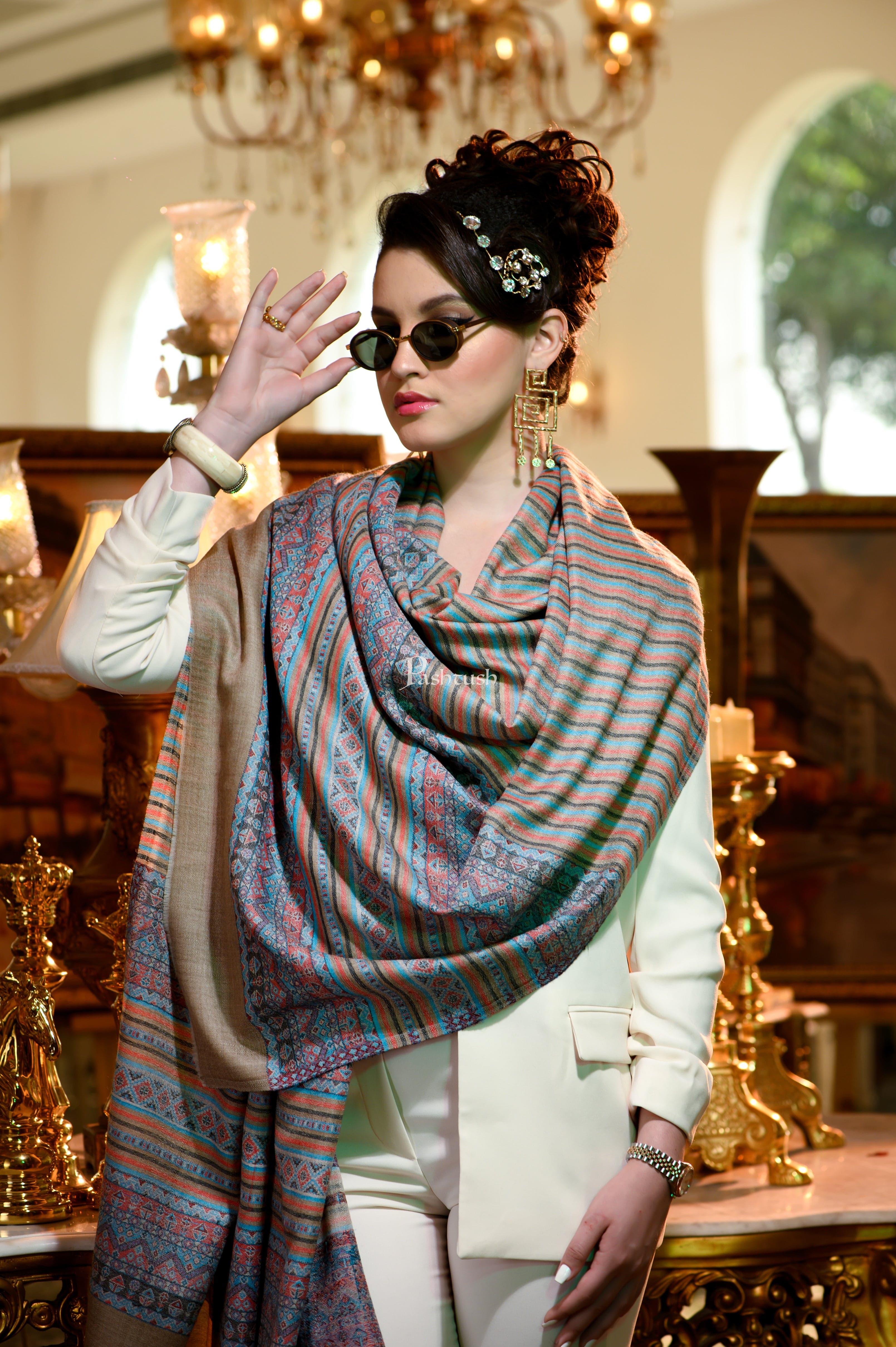 Pashtush Womens Extra Fine Wool Shawl, Aztec Weave Design, Multicolour - Image 4