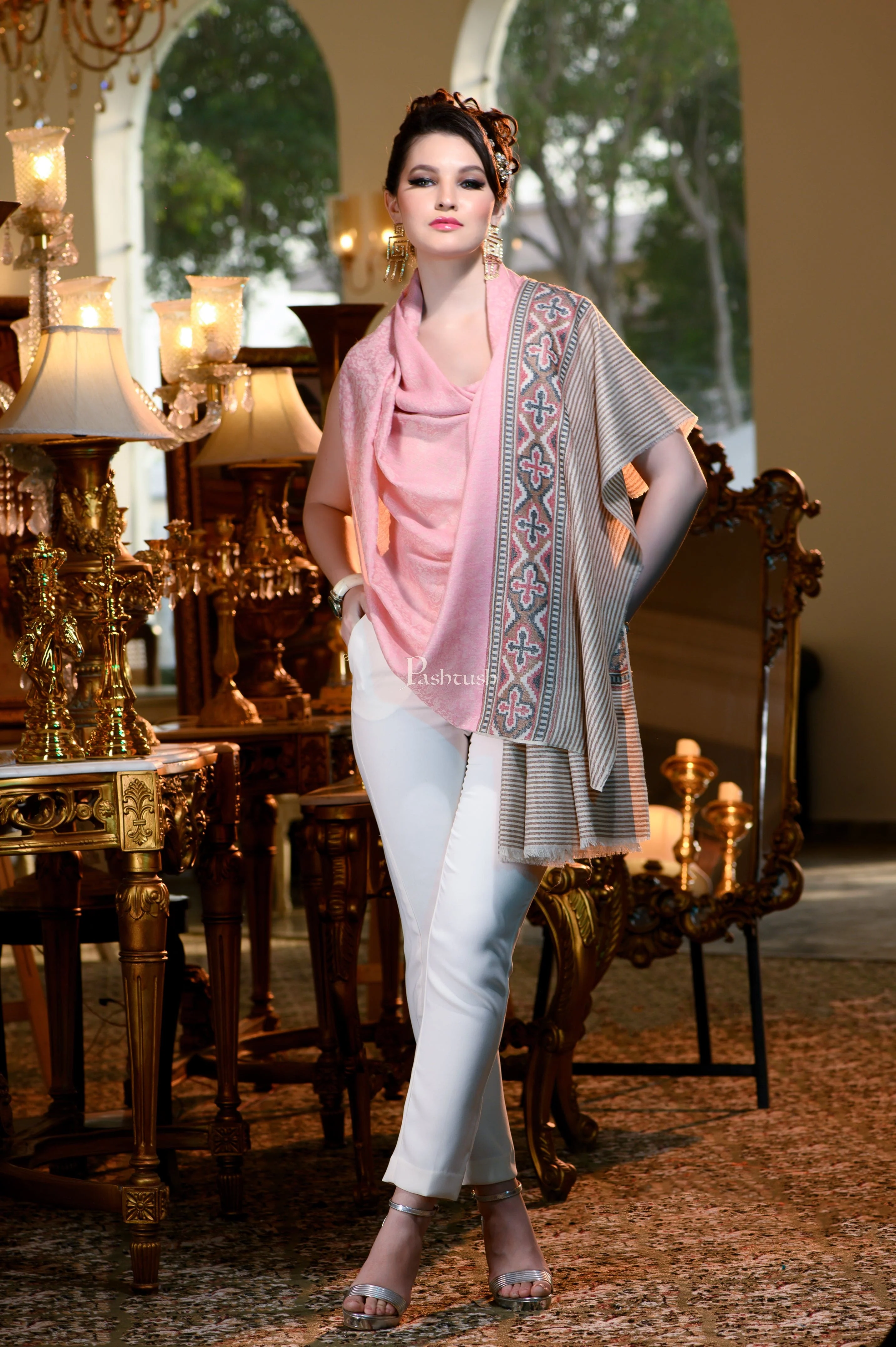 Pashtush Womens Extra Fine Wool Shawl, Aztec Weave Design, Pink