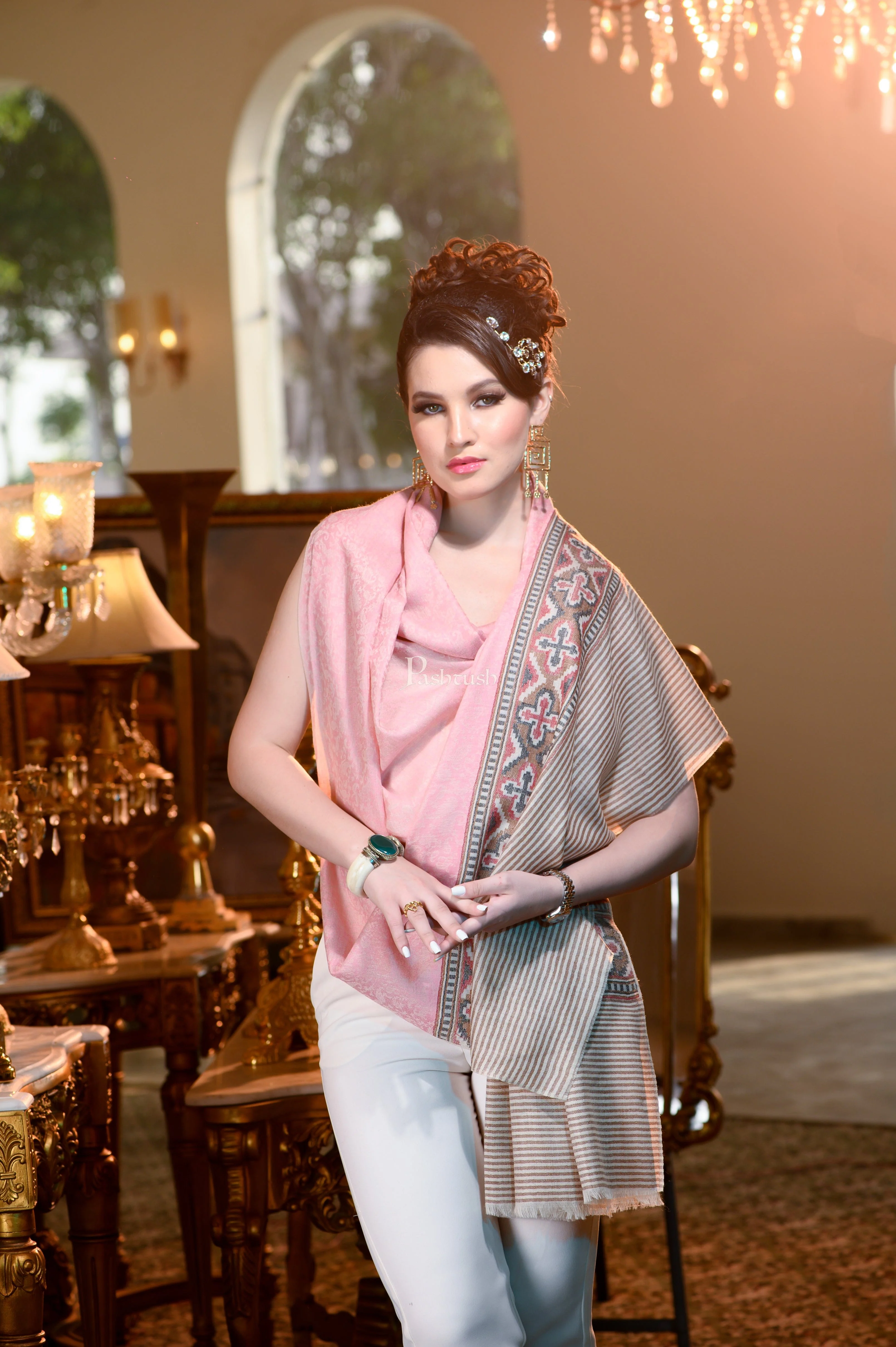 Pashtush Womens Extra Fine Wool Shawl, Aztec Weave Design, Pink - Image 2