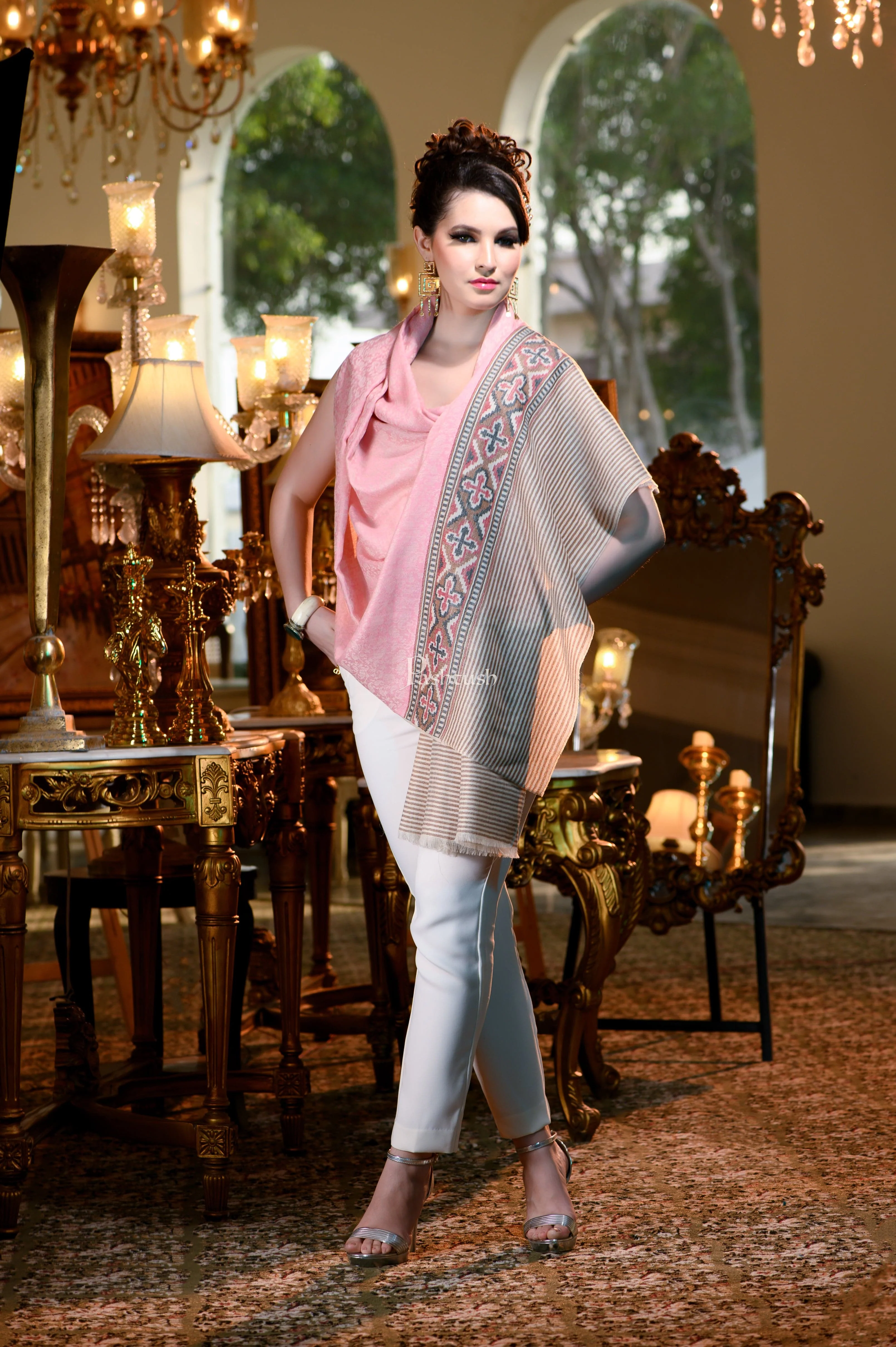 Pashtush Womens Extra Fine Wool Shawl, Aztec Weave Design, Pink - Image 3