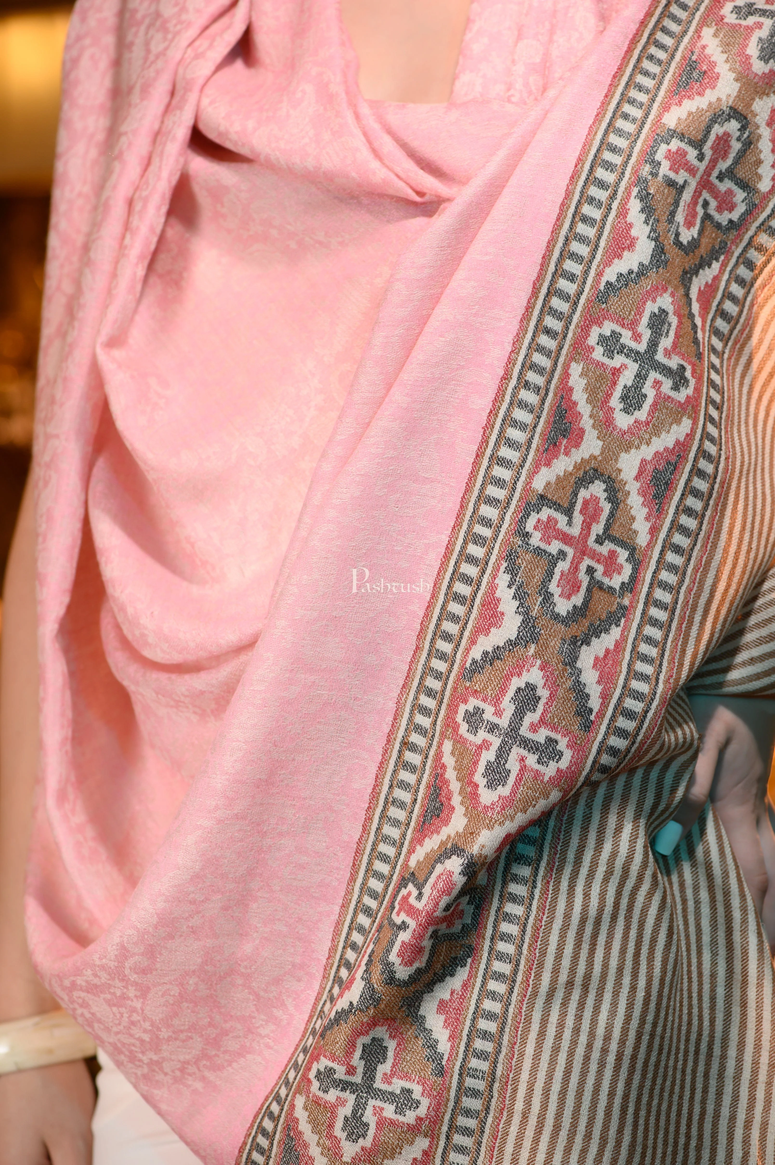 Pashtush Womens Extra Fine Wool Shawl, Aztec Weave Design, Pink - Image 4