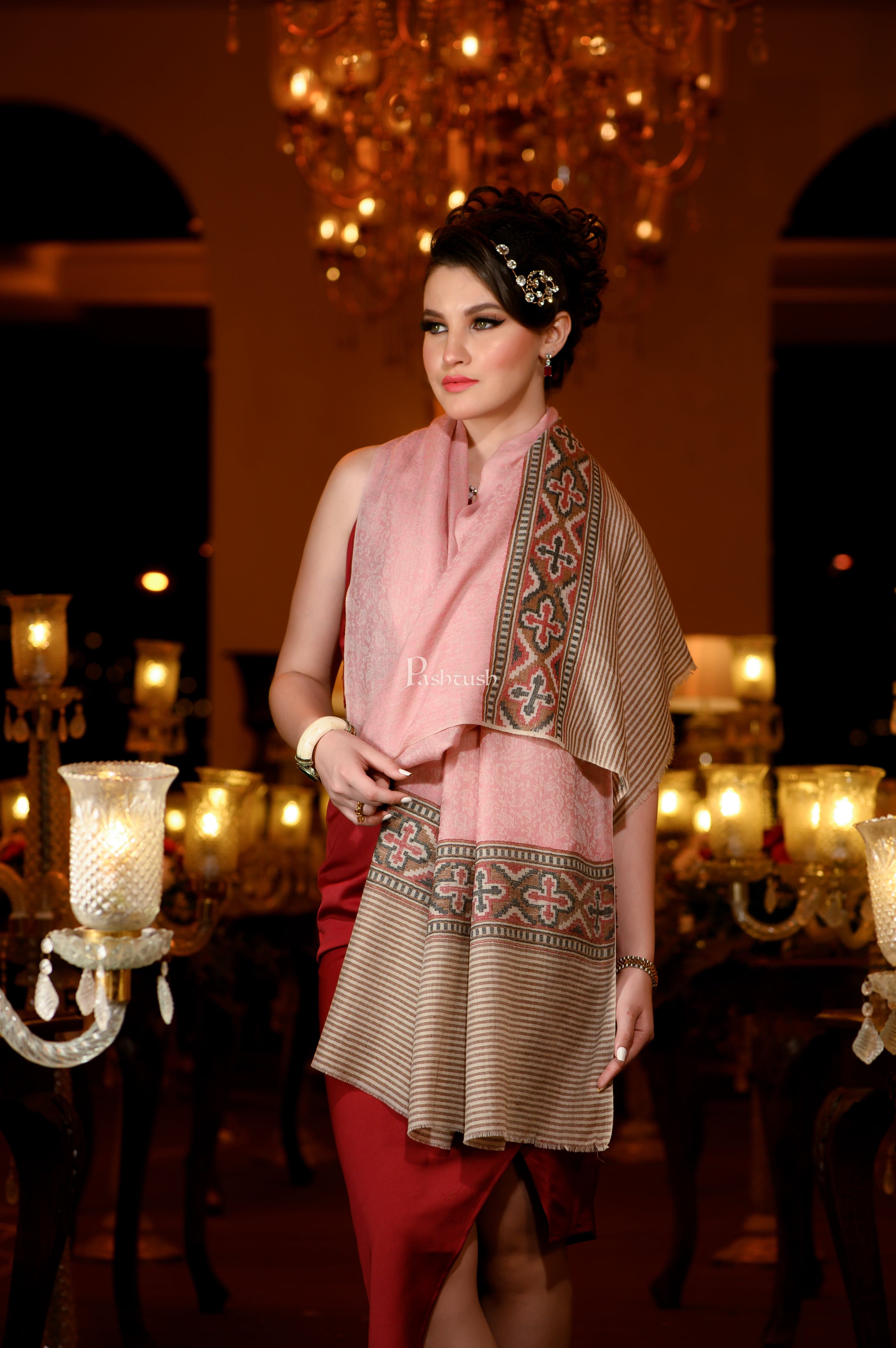 Pashtush Womens Extra Fine Wool Shawl, Aztec Weave Design, Pink - Image 5