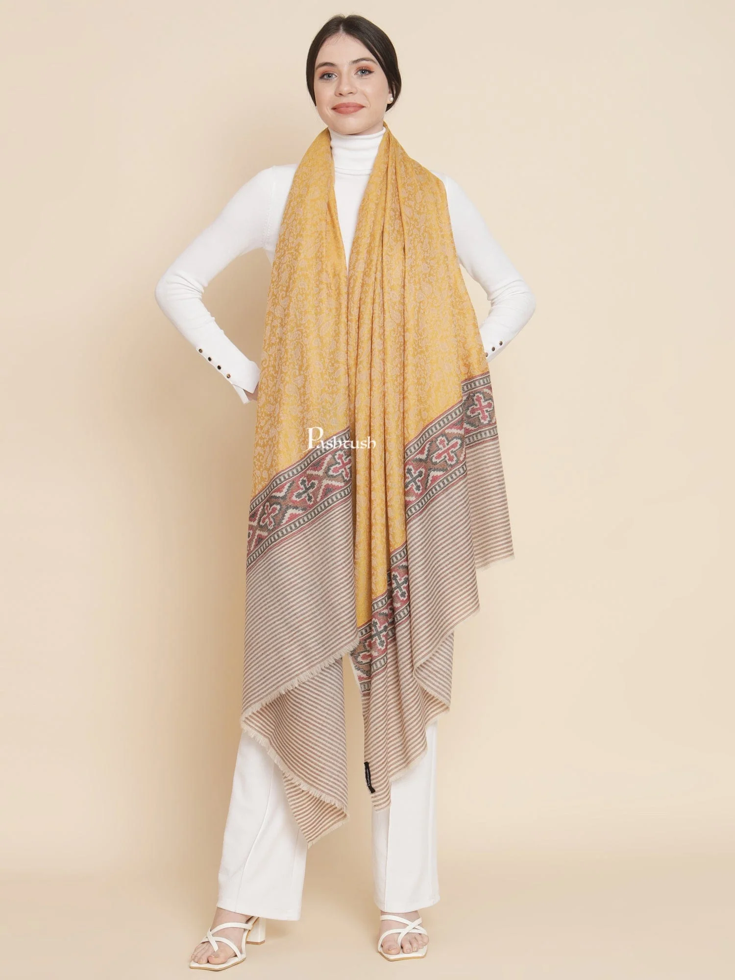 Pashtush Womens Extra Fine Wool Shawl, Aztec Weave Design, Yellow - Image 4
