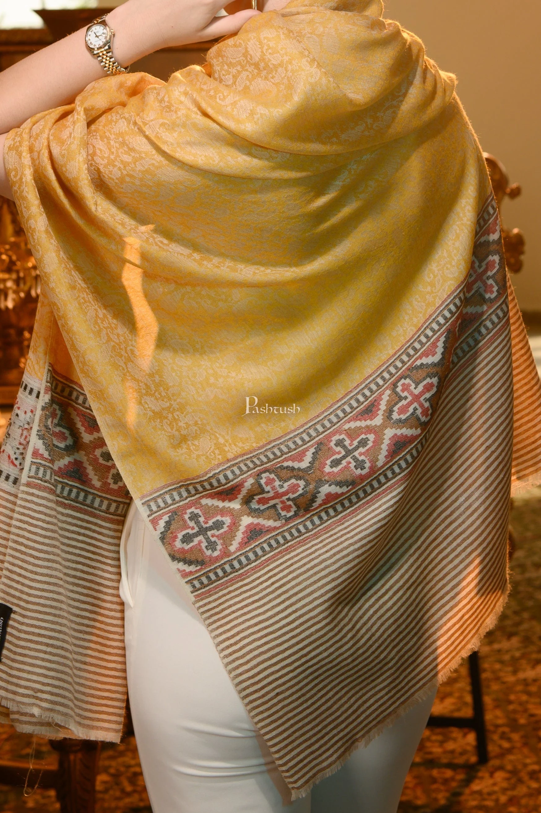 Pashtush Womens Extra Fine Wool Shawl, Aztec Weave Design, Yellow - Image 3