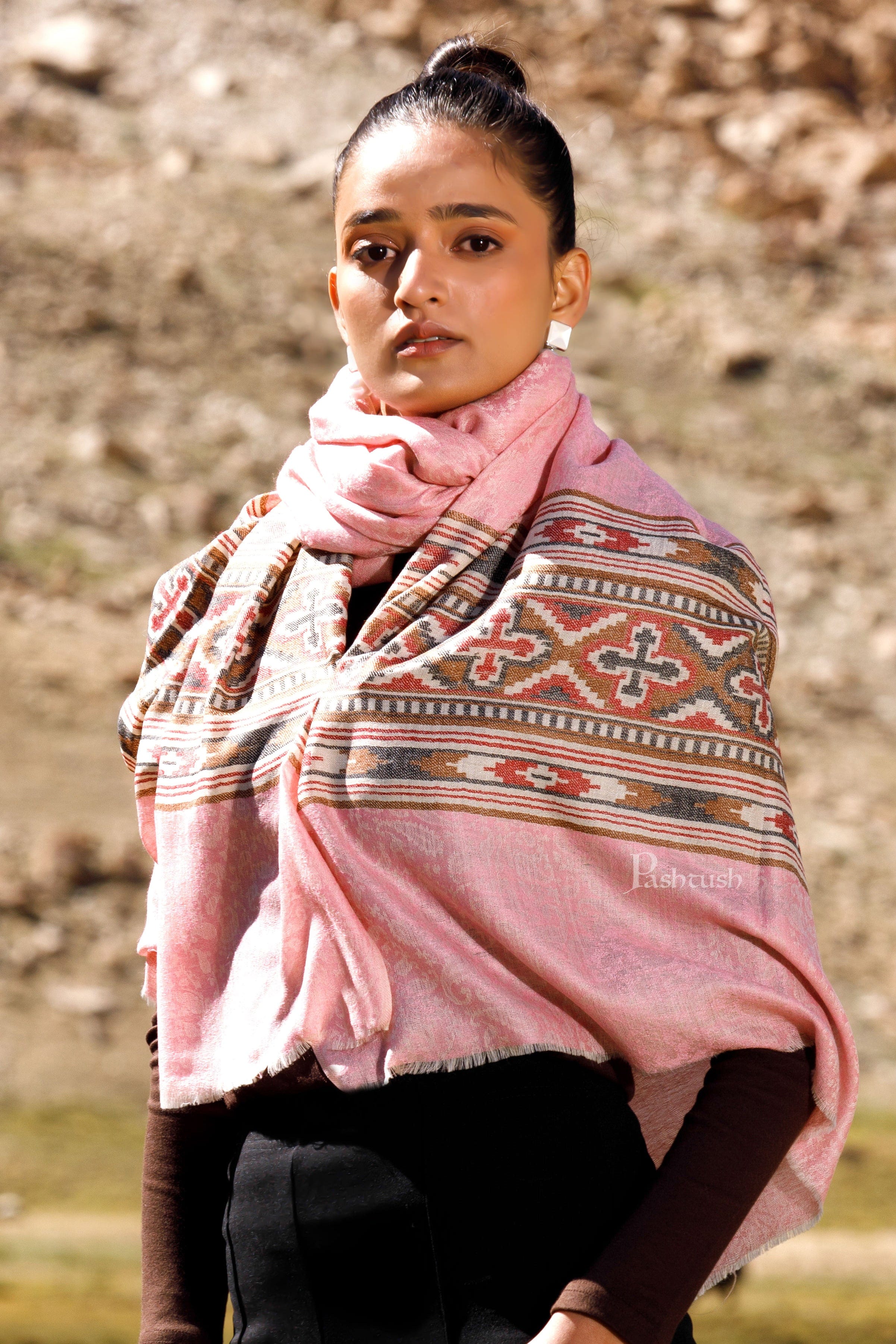 Pashtush Womens Extra Fine Wool Shawl, Aztec Weave Palla, Woven Design, Soft Pink