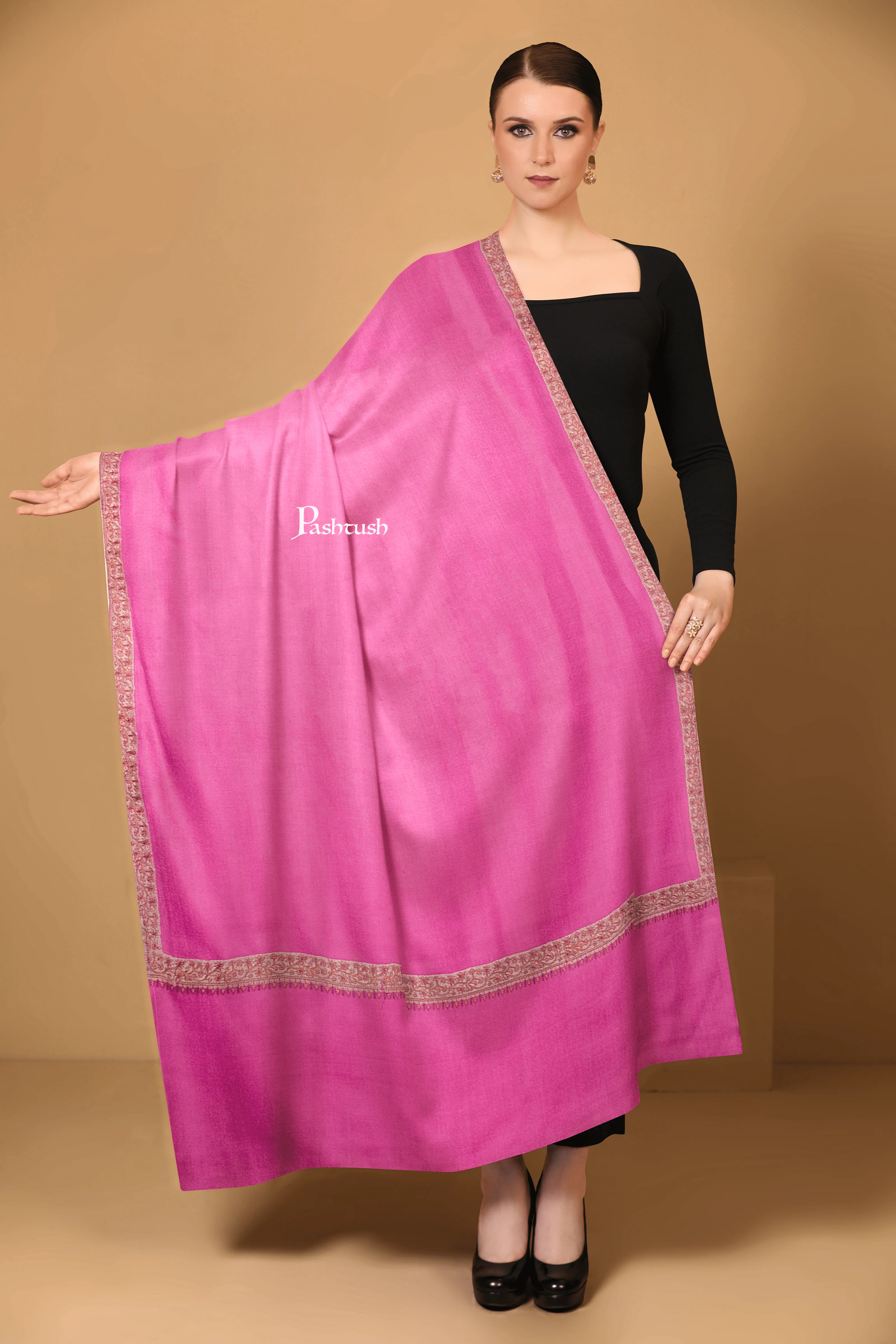 Pashtush Womens Extra Fine Wool Shawl, Border Embroidered Challa Daur Design, Majenta
