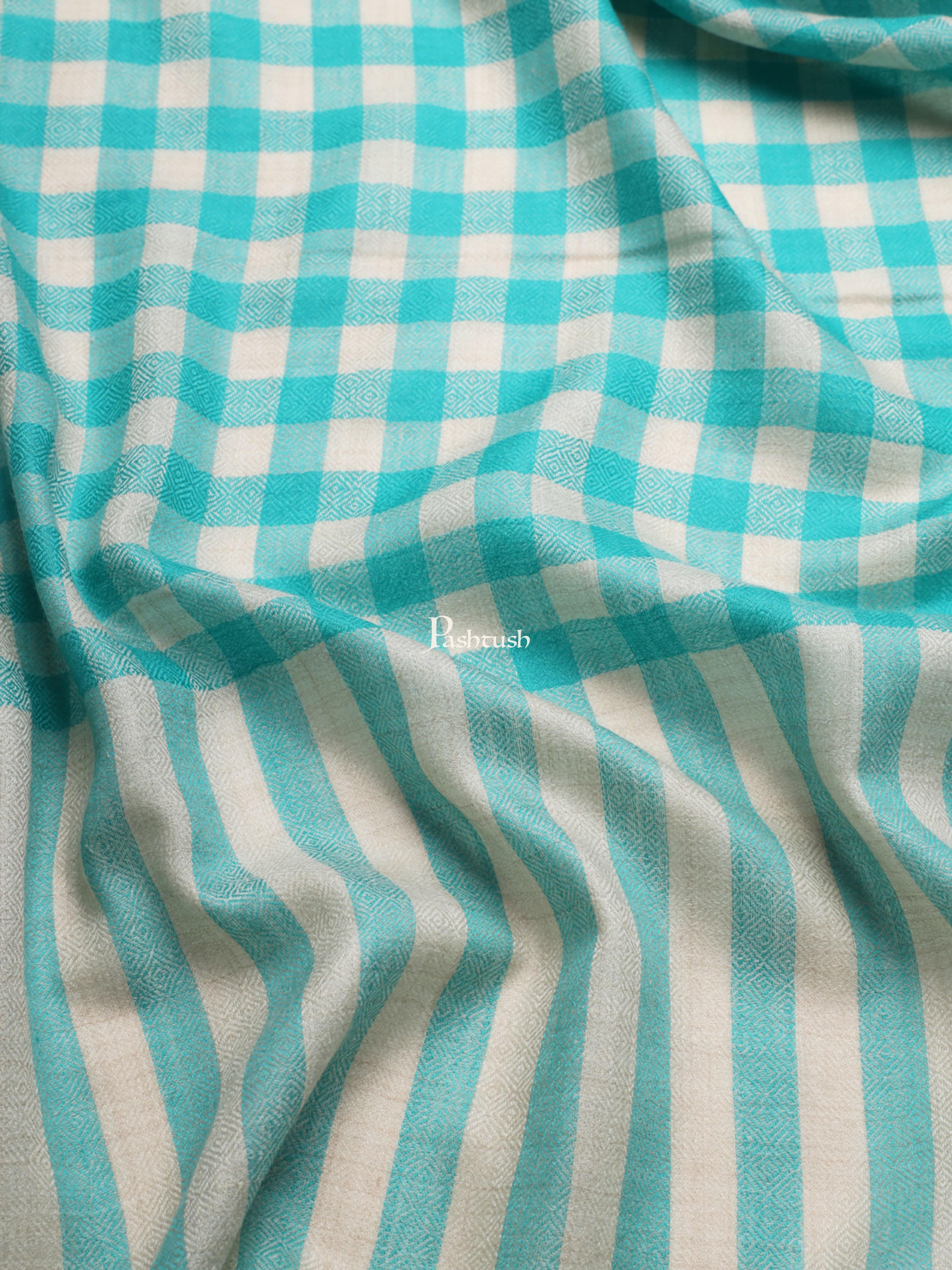 Pashtush Womens Extra Fine Wool Shawl, Checkered design, Arabic Sea Blue - Image 2