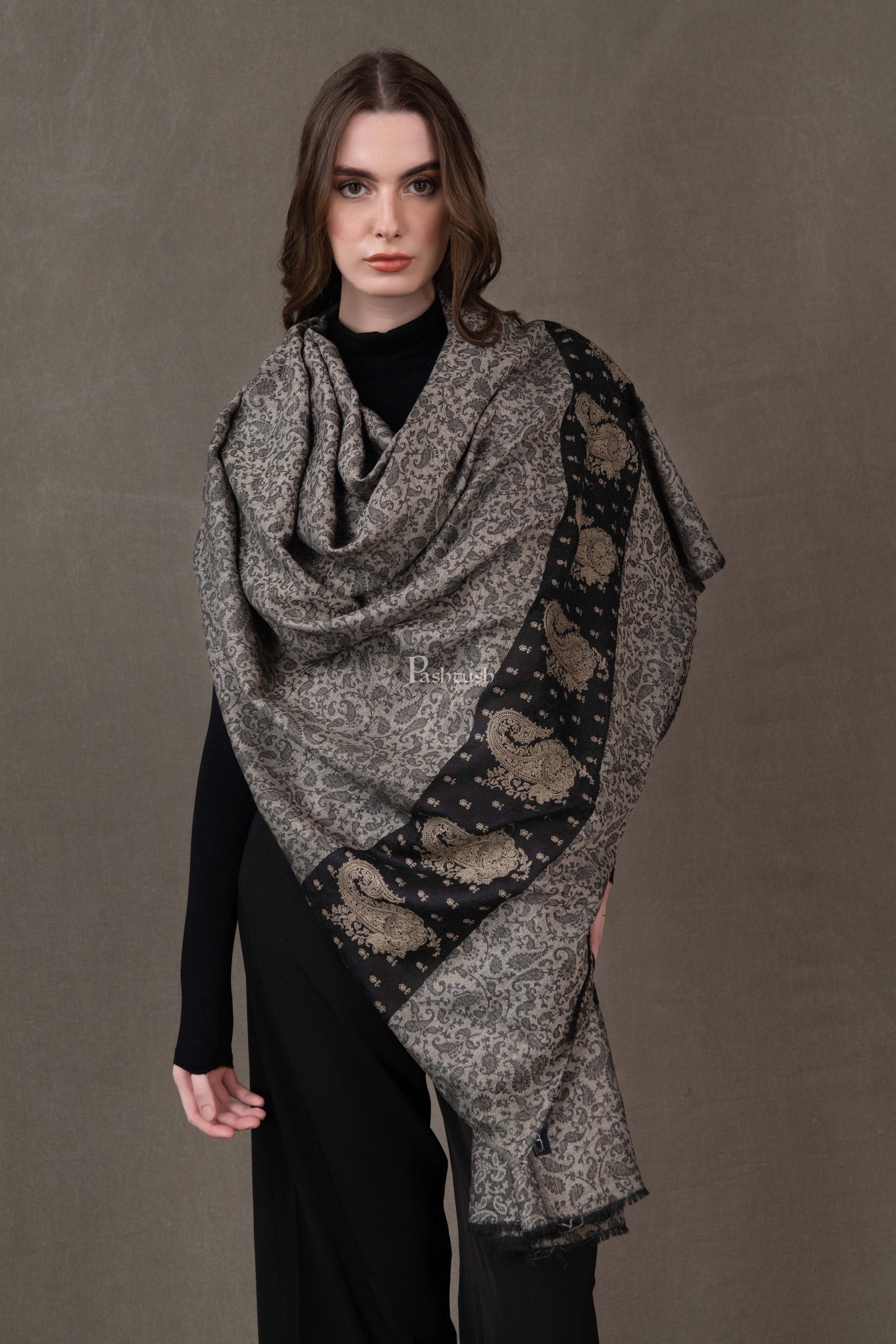 Pashtush Womens Extra Fine Wool Shawl, Embroidered Palla Design, Black And Grey