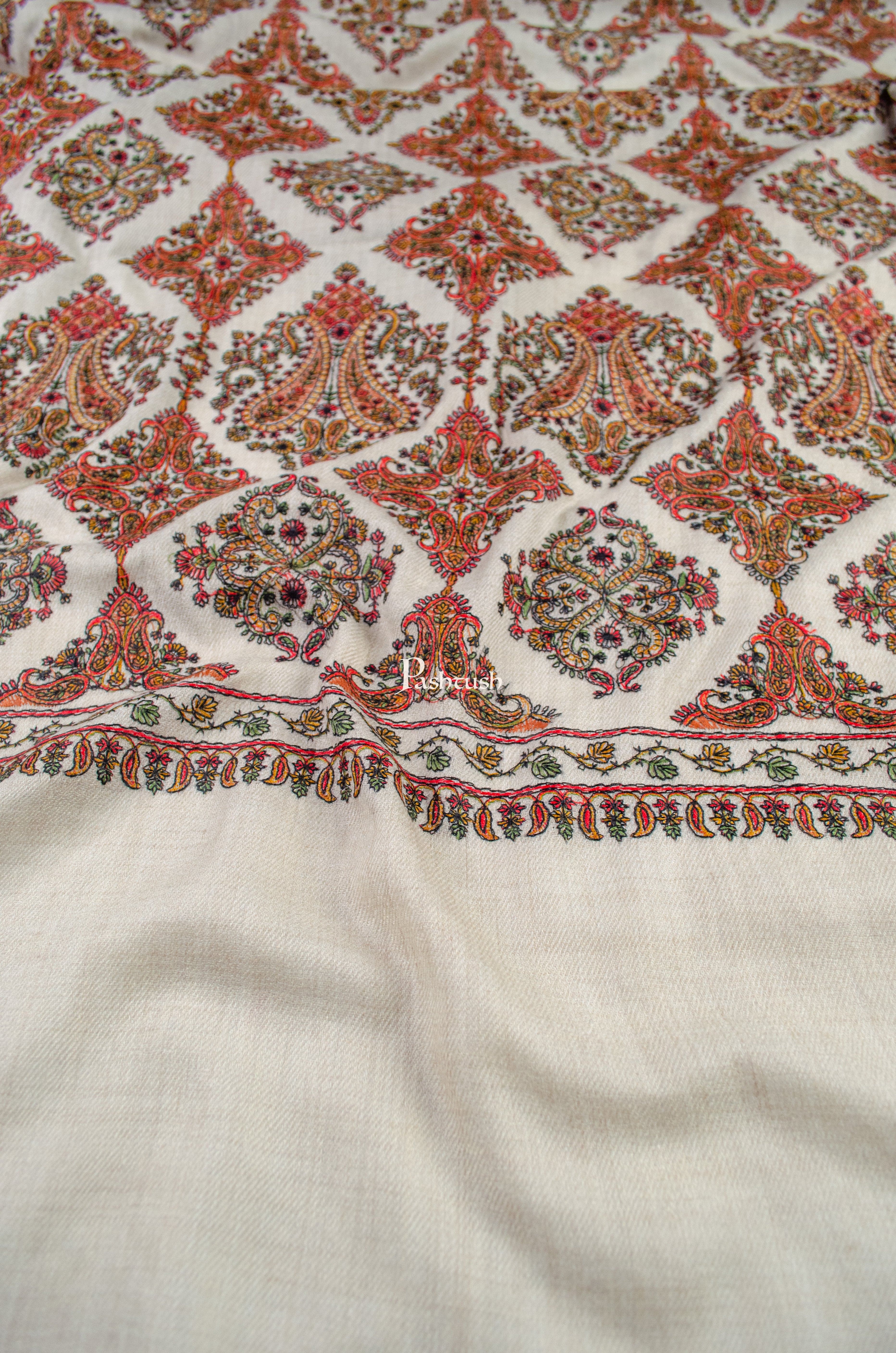 Pashtush Womens Extra Fine Wool Shawl, Embroidery Kashmiri Jaal Design, Beige - Image 2