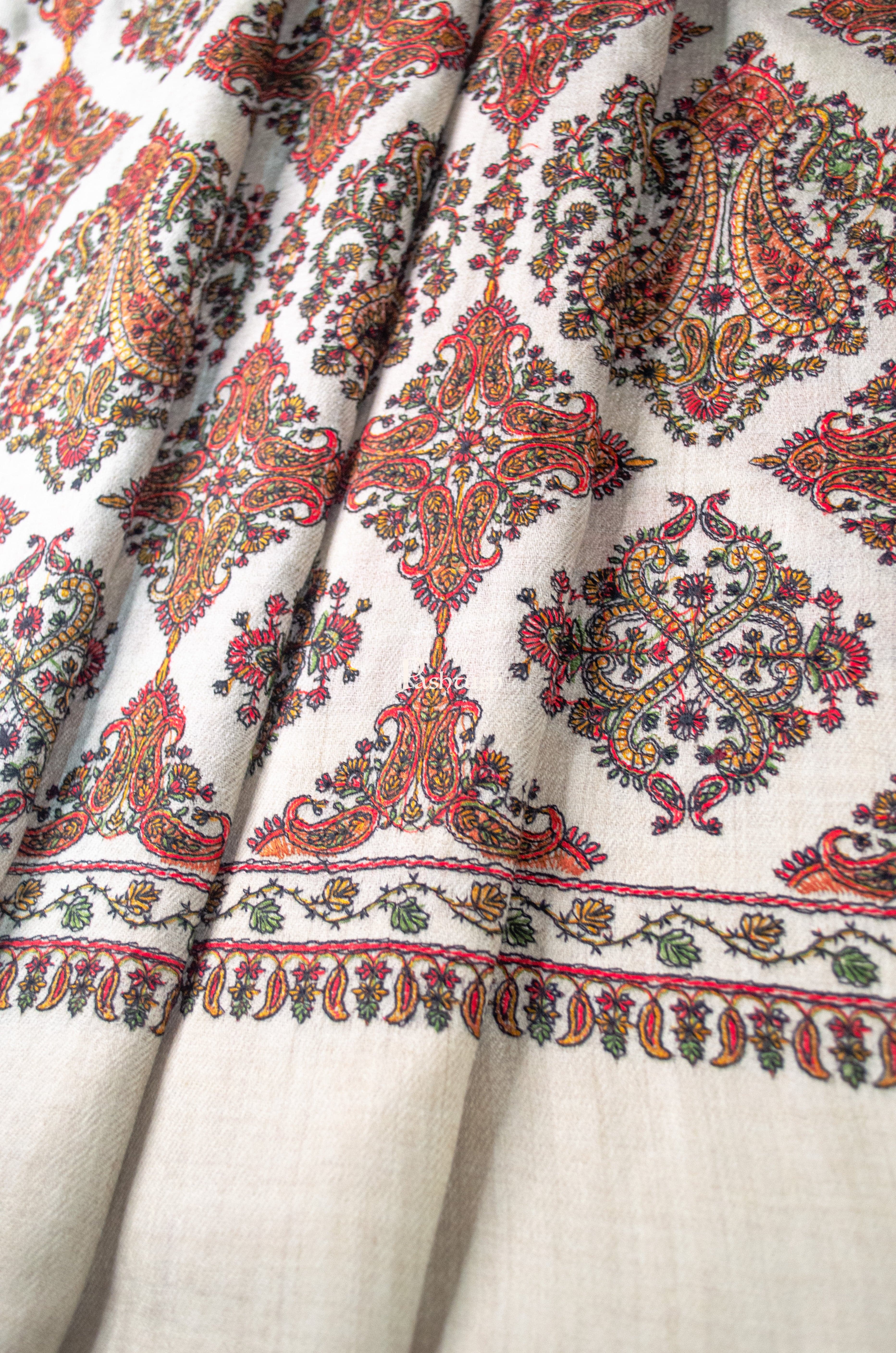 Pashtush Womens Extra Fine Wool Shawl, Embroidery Kashmiri Jaal Design, Beige - Image 3