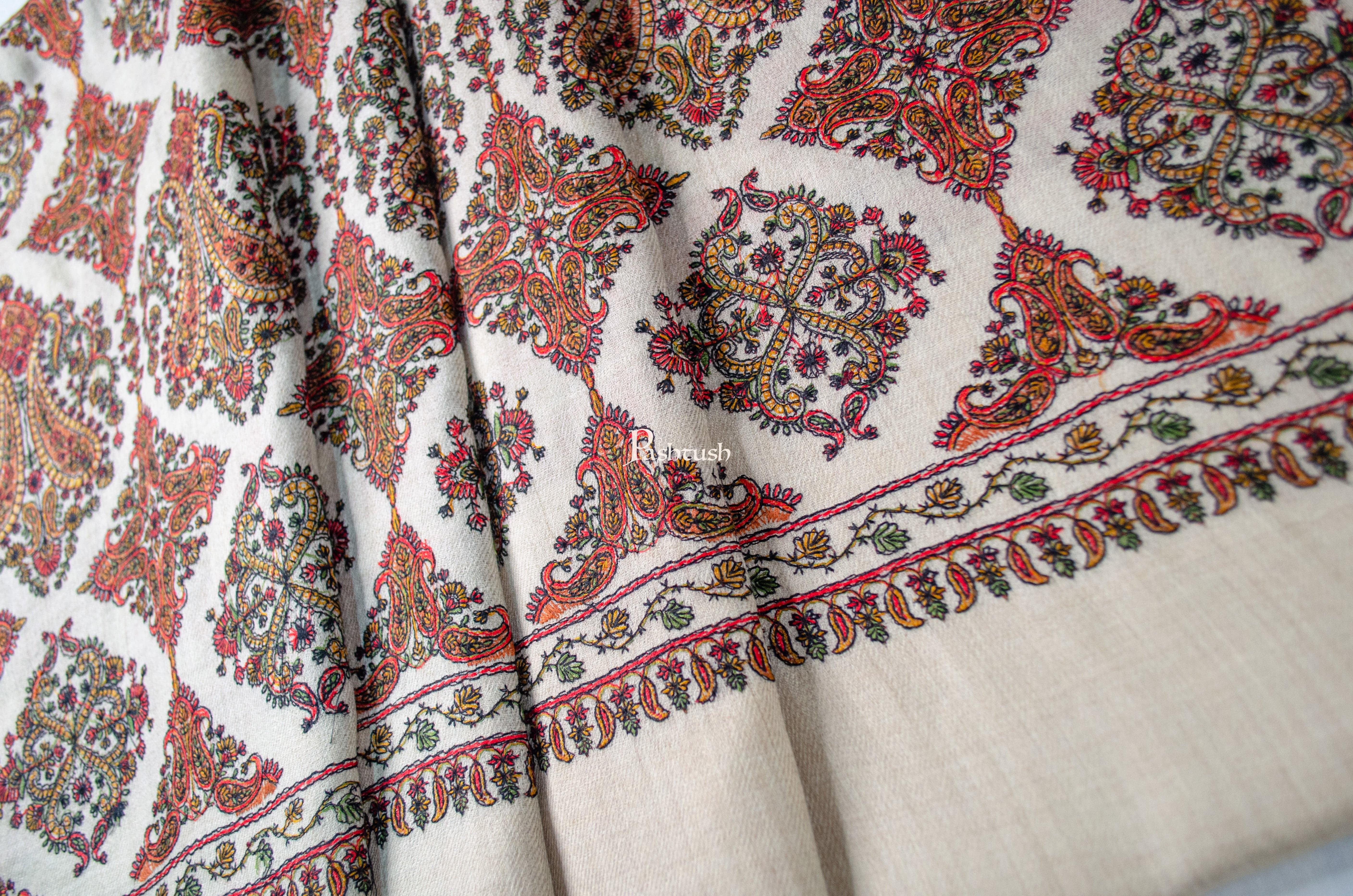 Pashtush Womens Extra Fine Wool Shawl, Embroidery Kashmiri Jaal Design, Beige - Image 4