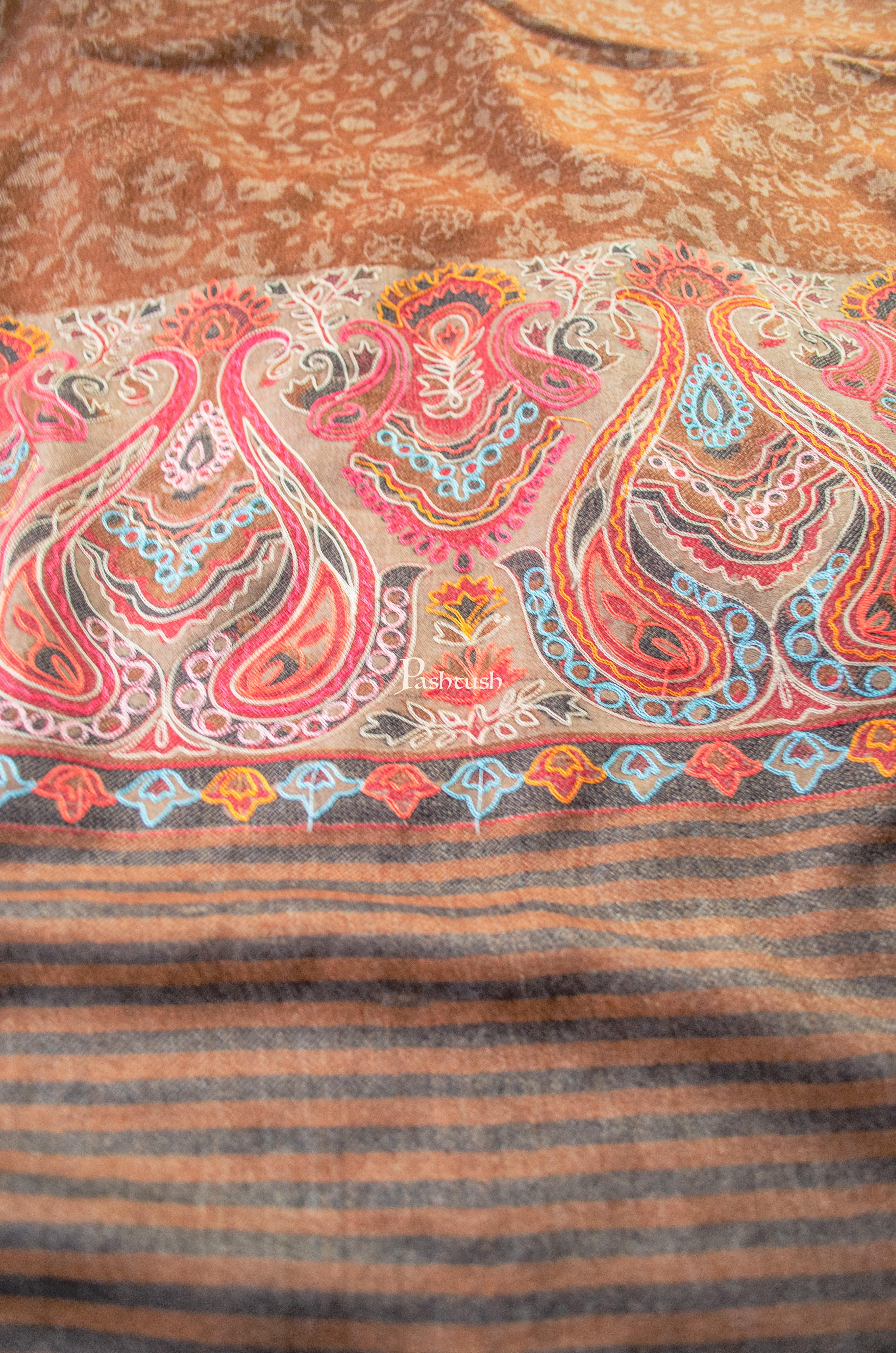 Pashtush Womens Extra Fine Wool Shawl, Embroidery Palla Design, Brown - Image 3