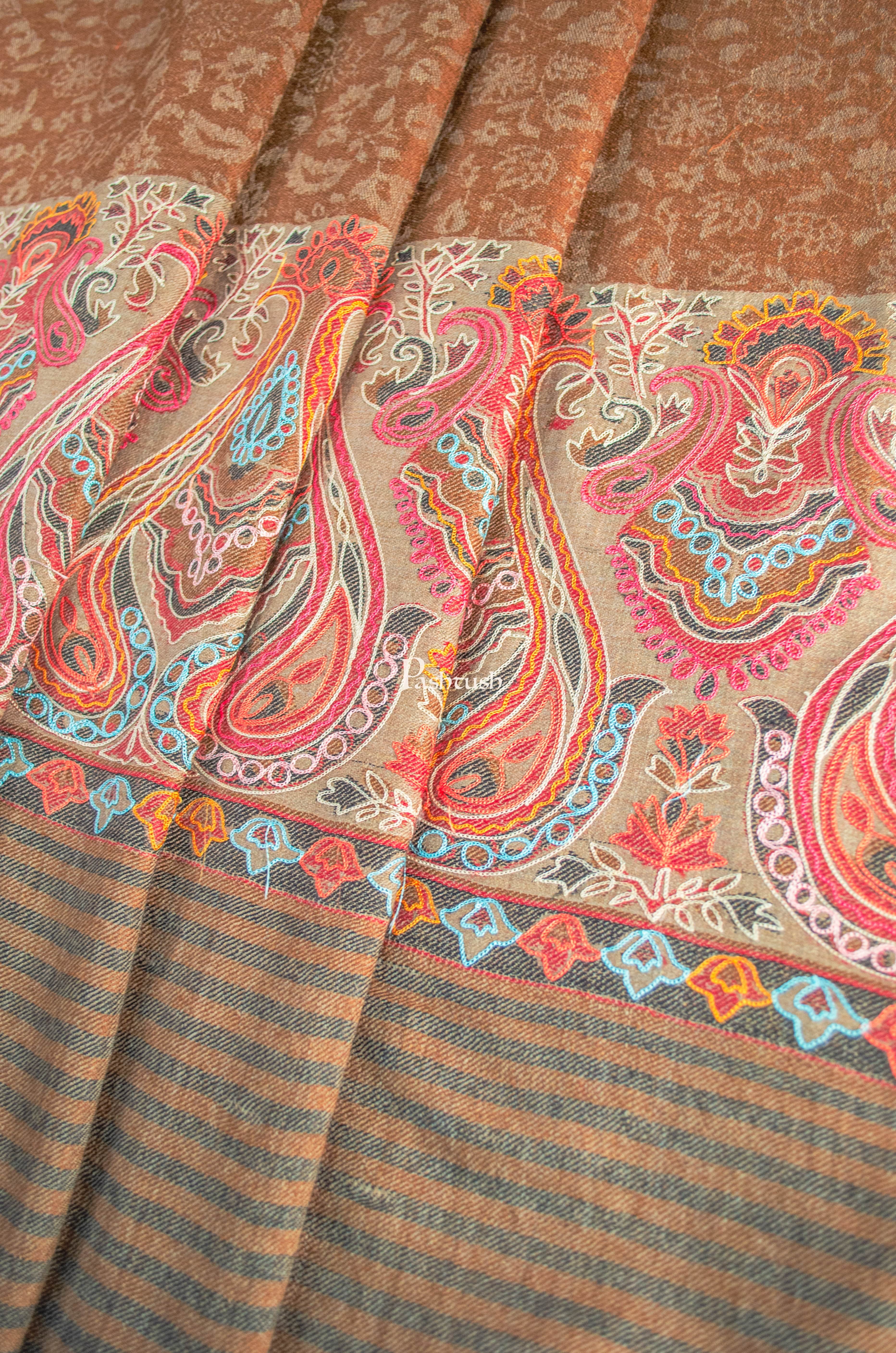 Pashtush Womens Extra Fine Wool Shawl, Embroidery Palla Design, Brown - Image 5