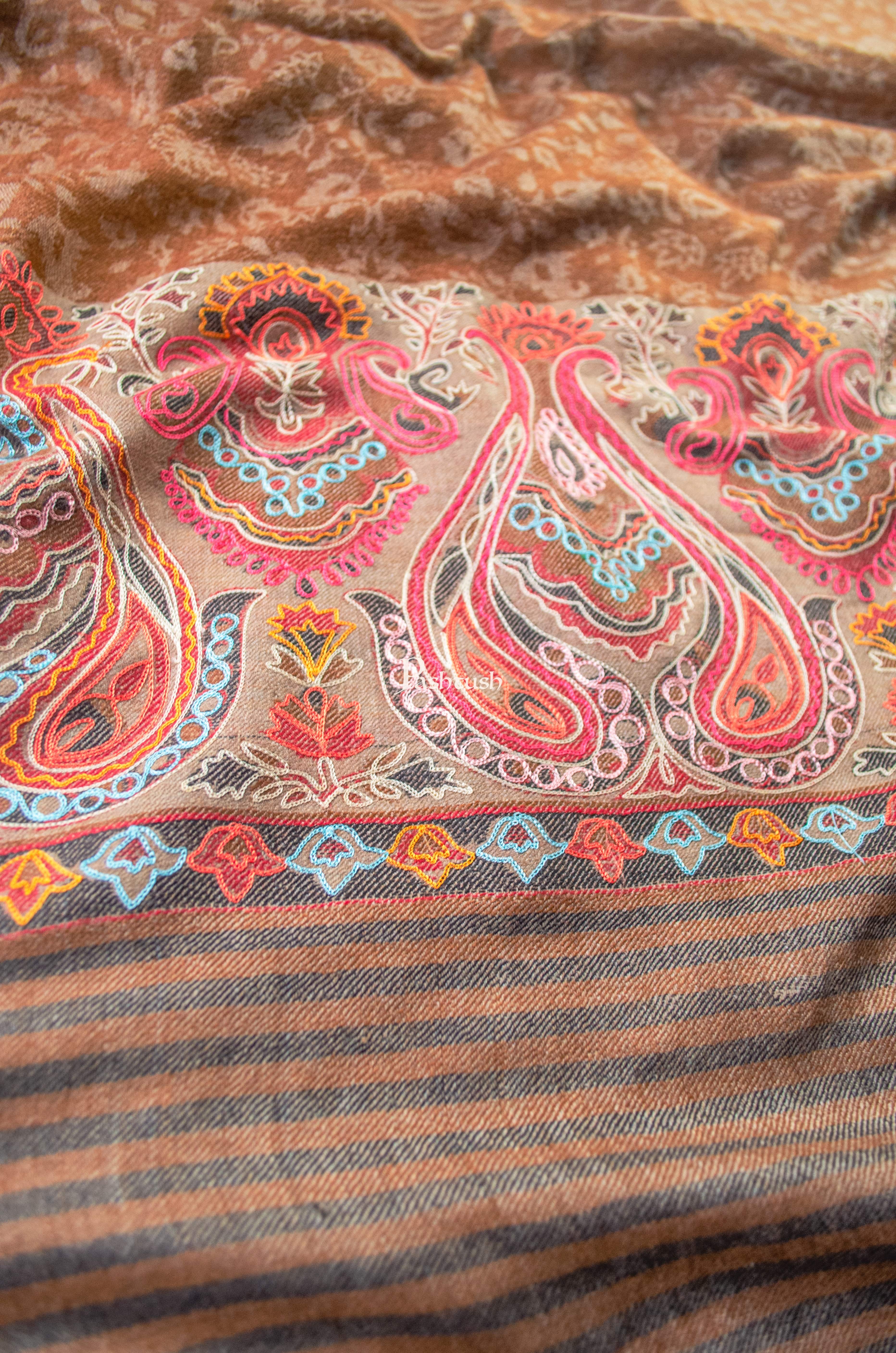 Pashtush Womens Extra Fine Wool Shawl, Embroidery Palla Design, Brown - Image 8