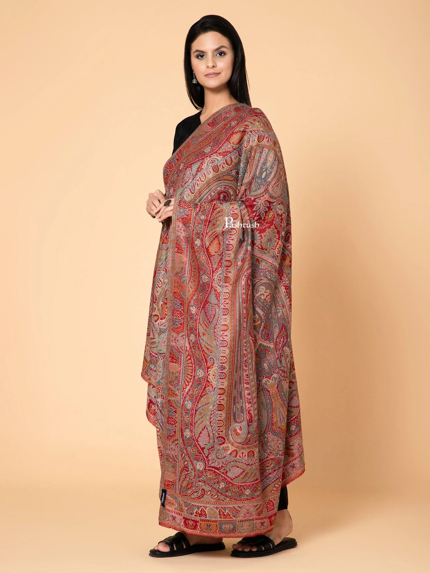 Pashtush Womens Extra Fine Wool Shawl, Ethnic Weave Design, Maroon - Image 3