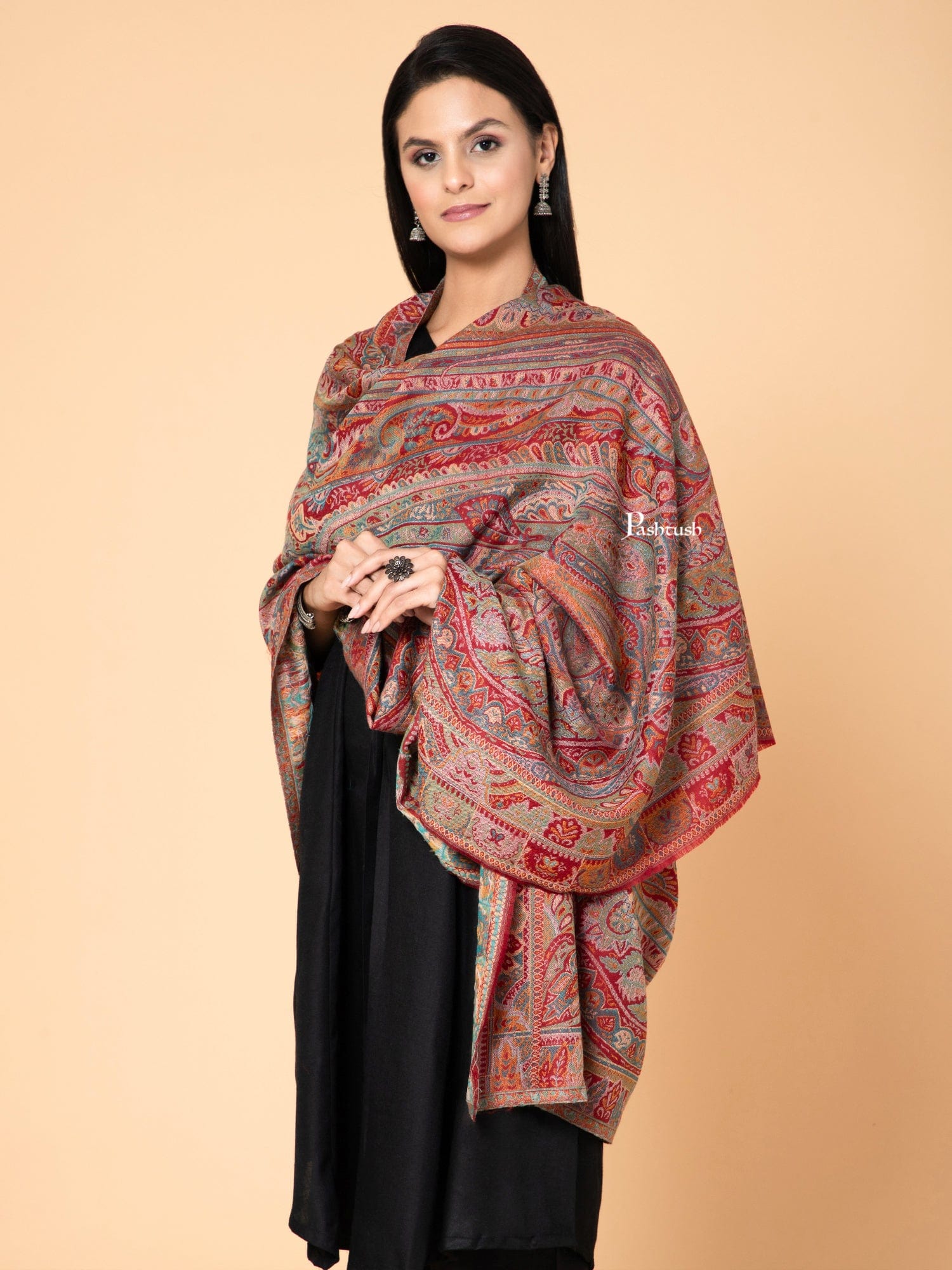 Pashtush Womens Extra Fine Wool Shawl, Ethnic Weave Design, Maroon - Image 5