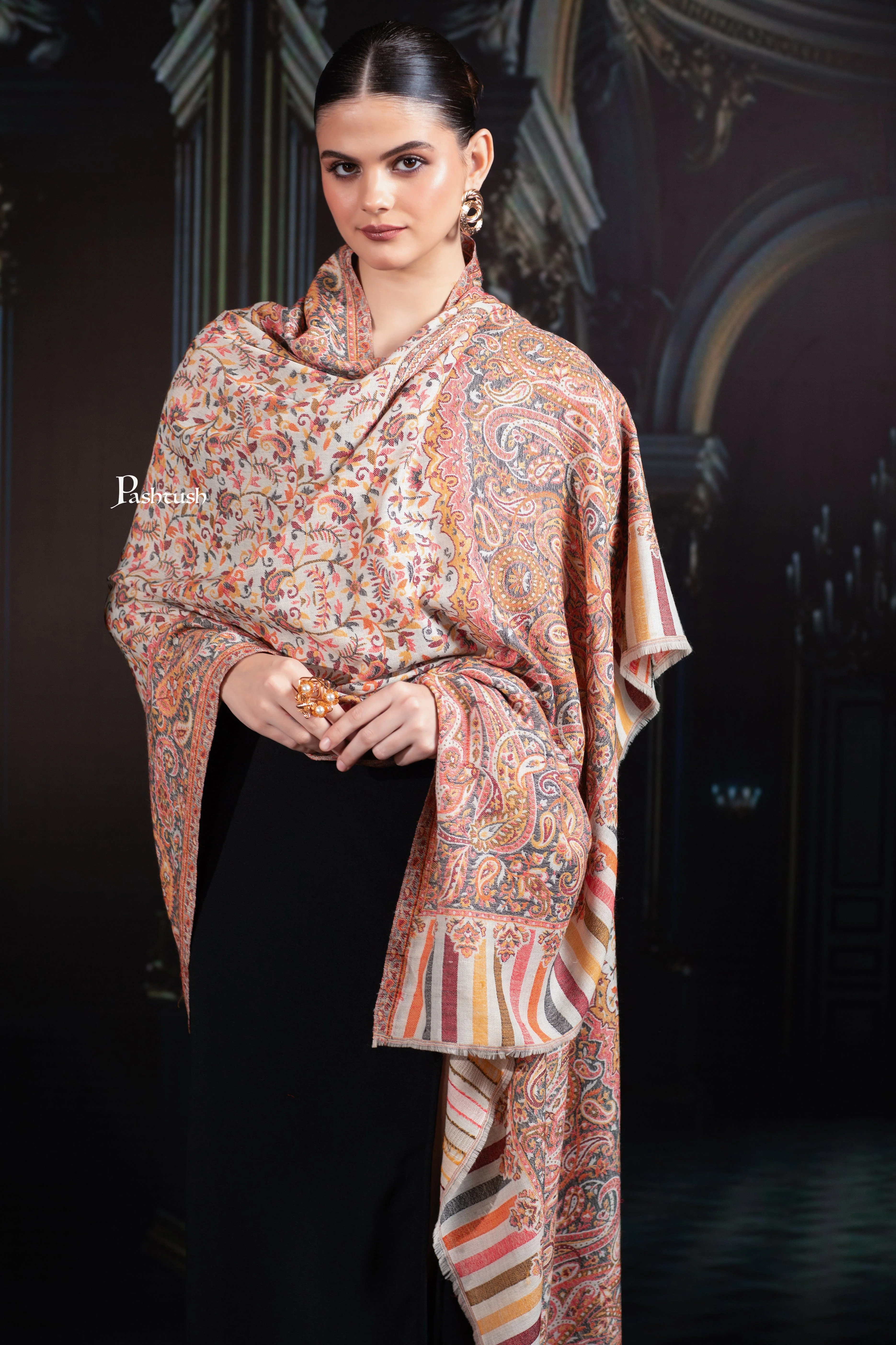 Pashtush Womens Extra Fine Wool Shawl, Ethnic Weave Design, Sahara - Image 6