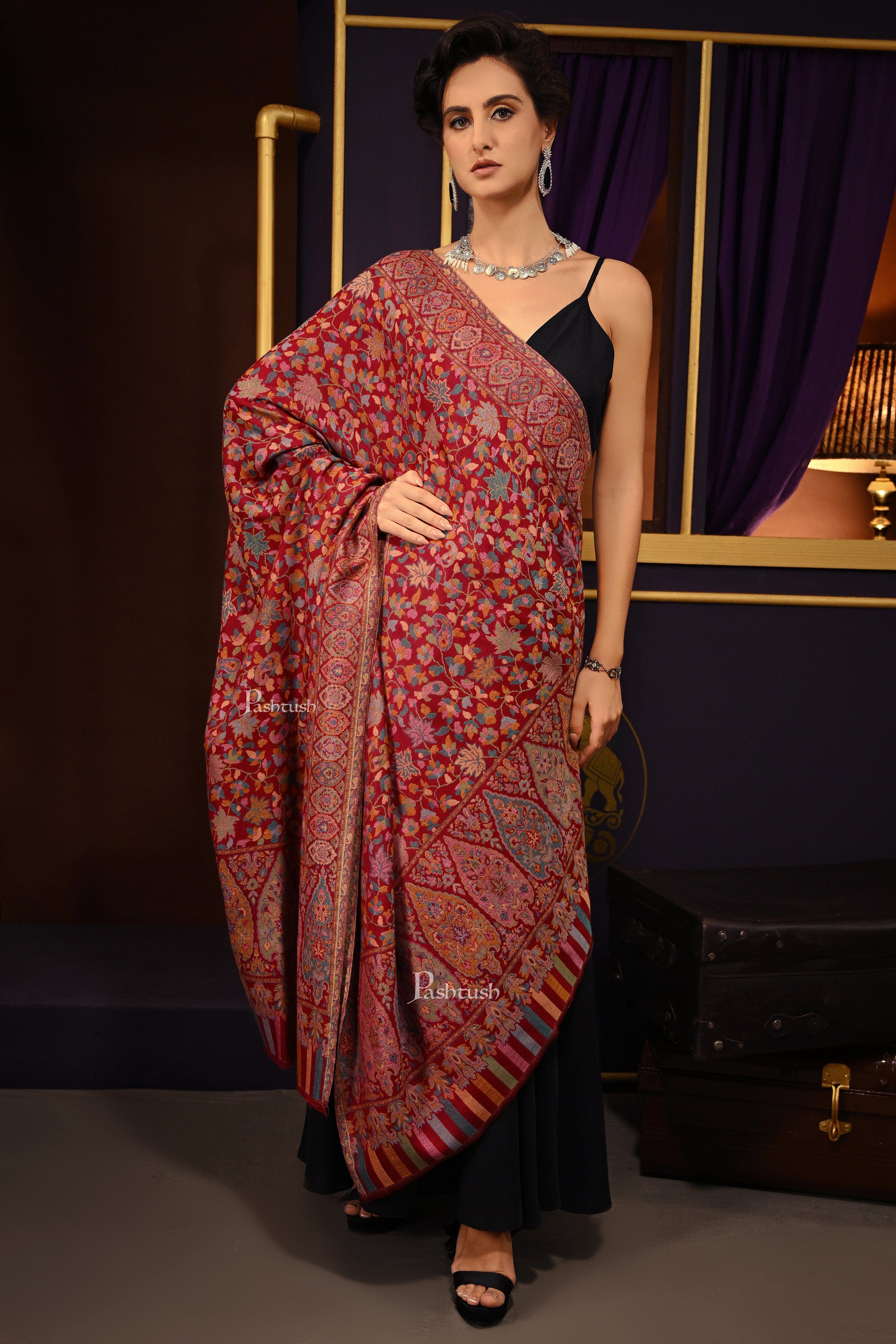 Pashtush Womens Extra Fine Wool Shawl, Ethnic Weave Jaal Design, Crimson Maroon - Image 2