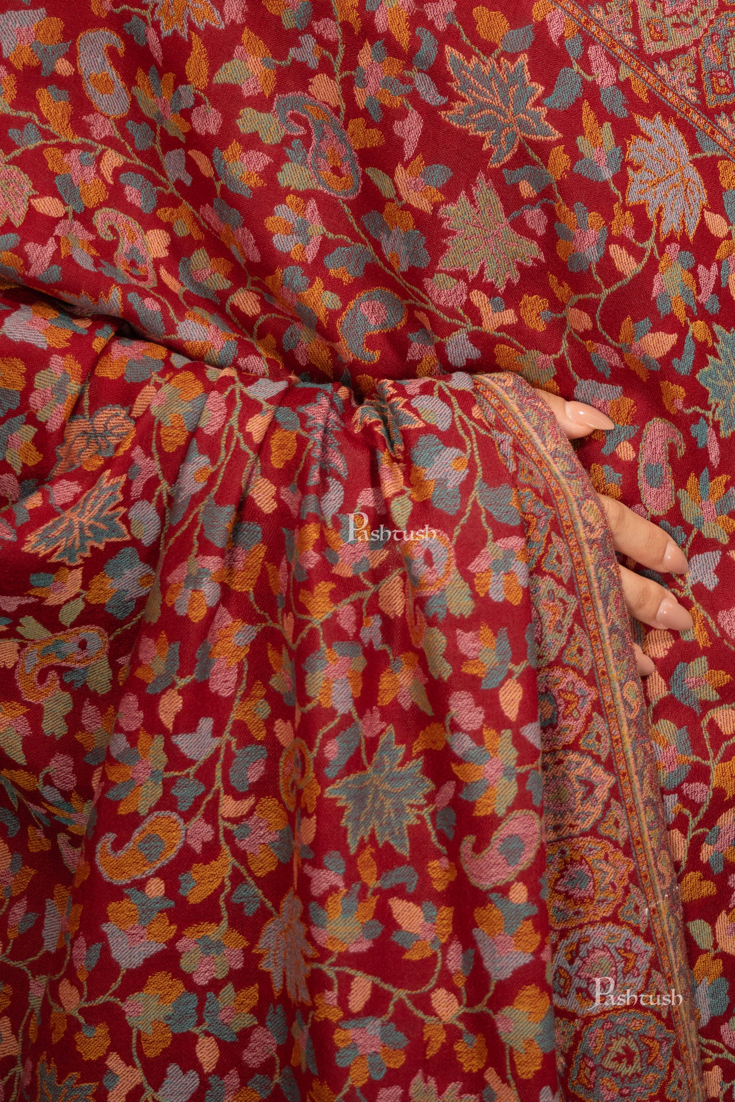 Pashtush Womens Extra Fine Wool Shawl, Ethnic Weave Jaal Design, Crimson Maroon - Image 3