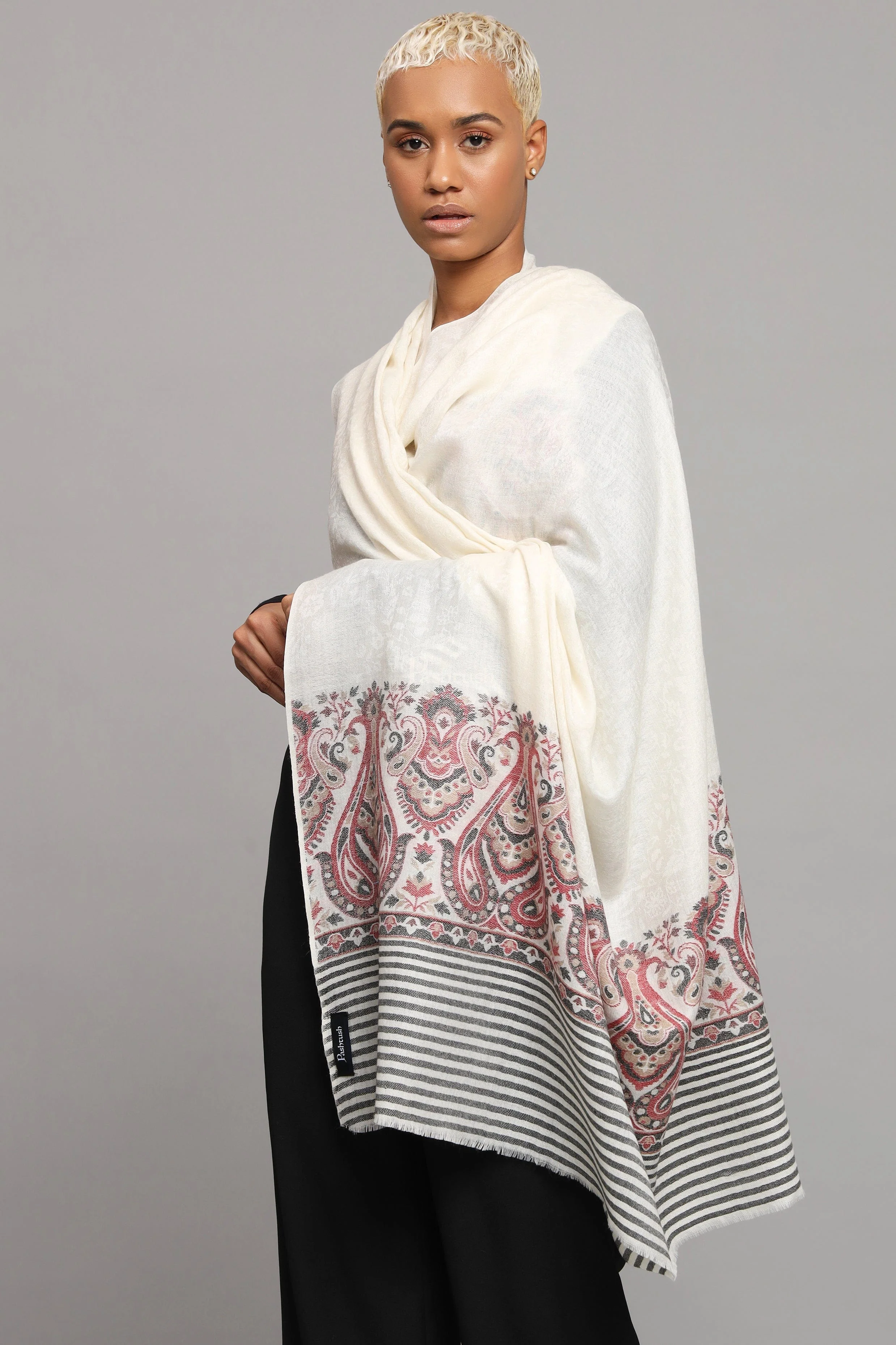 Pashtush Womens Extra Fine Wool Shawl, Ethnic Woven Palla Design, Ivory - Image 5
