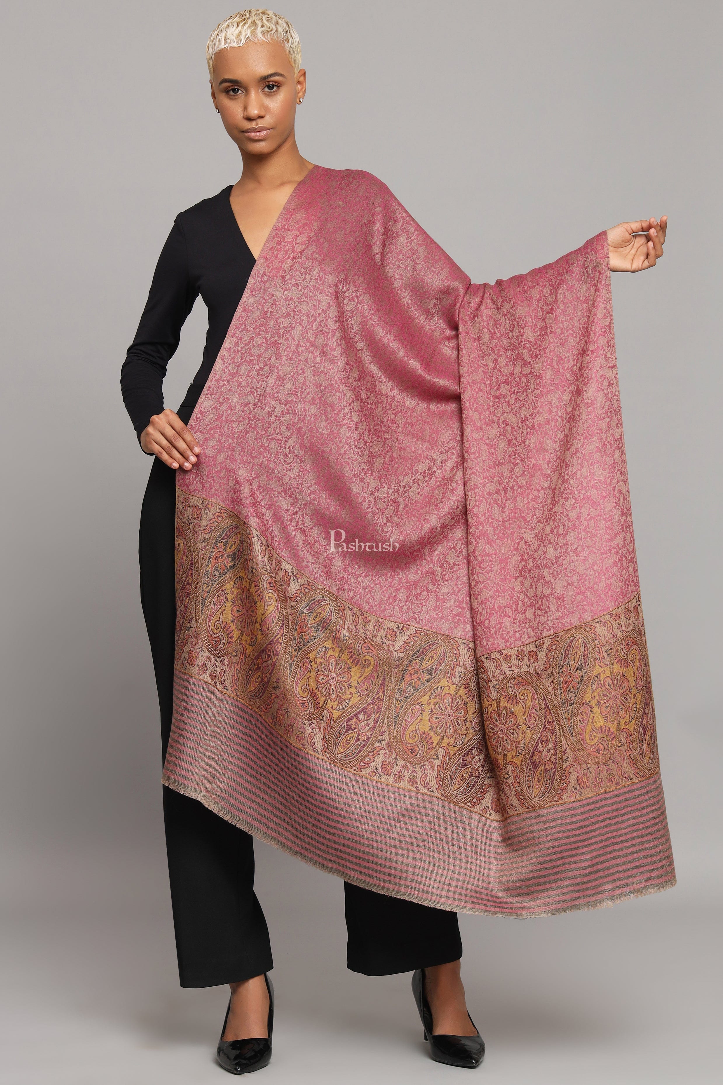 Pashtush Womens Extra Fine Wool Shawl, Ethnic Woven Palla Design, Majenta - Image 2