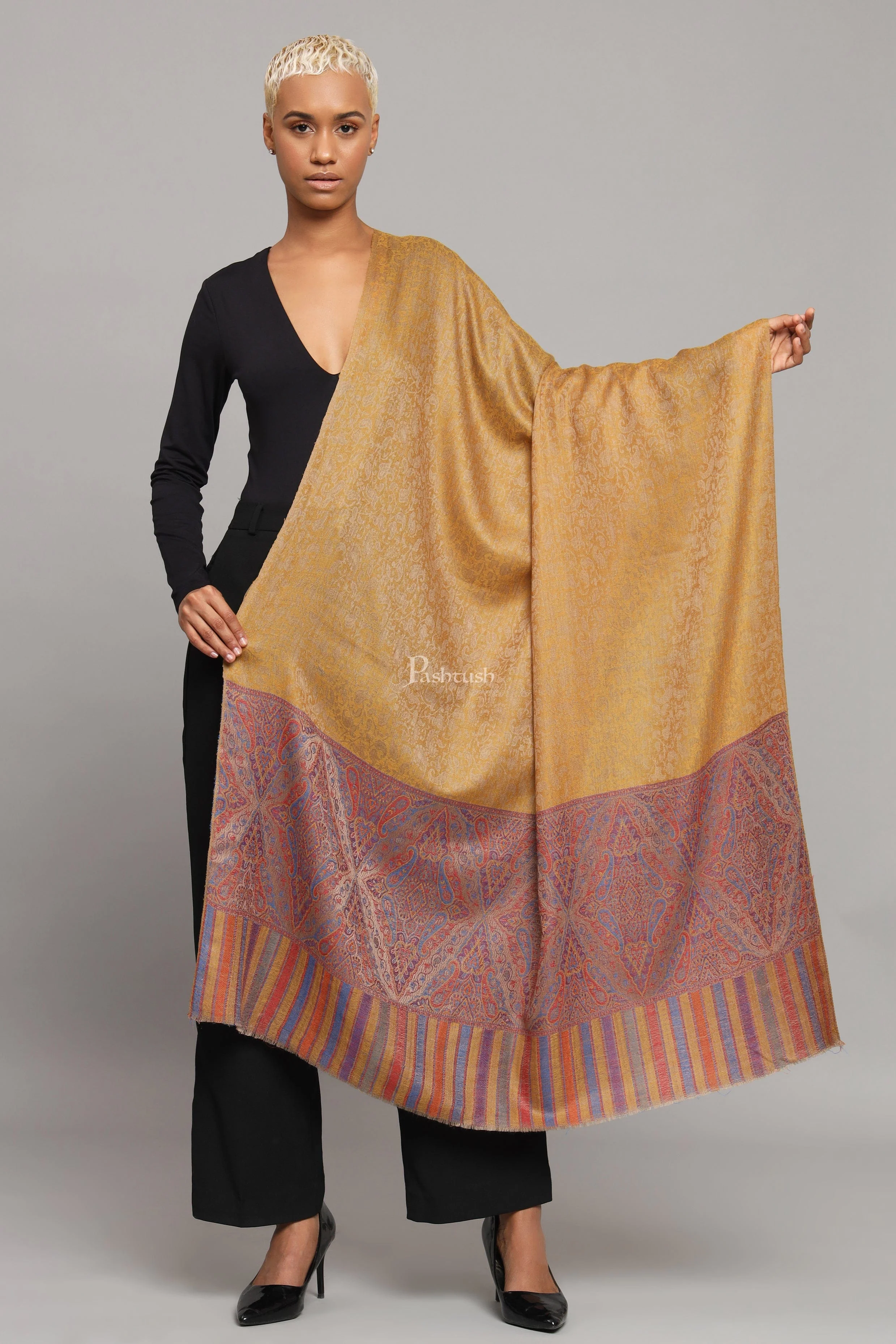 Pashtush Womens Extra Fine Wool Shawl, Ethnic Woven Palla Design, Mustard - Image 3
