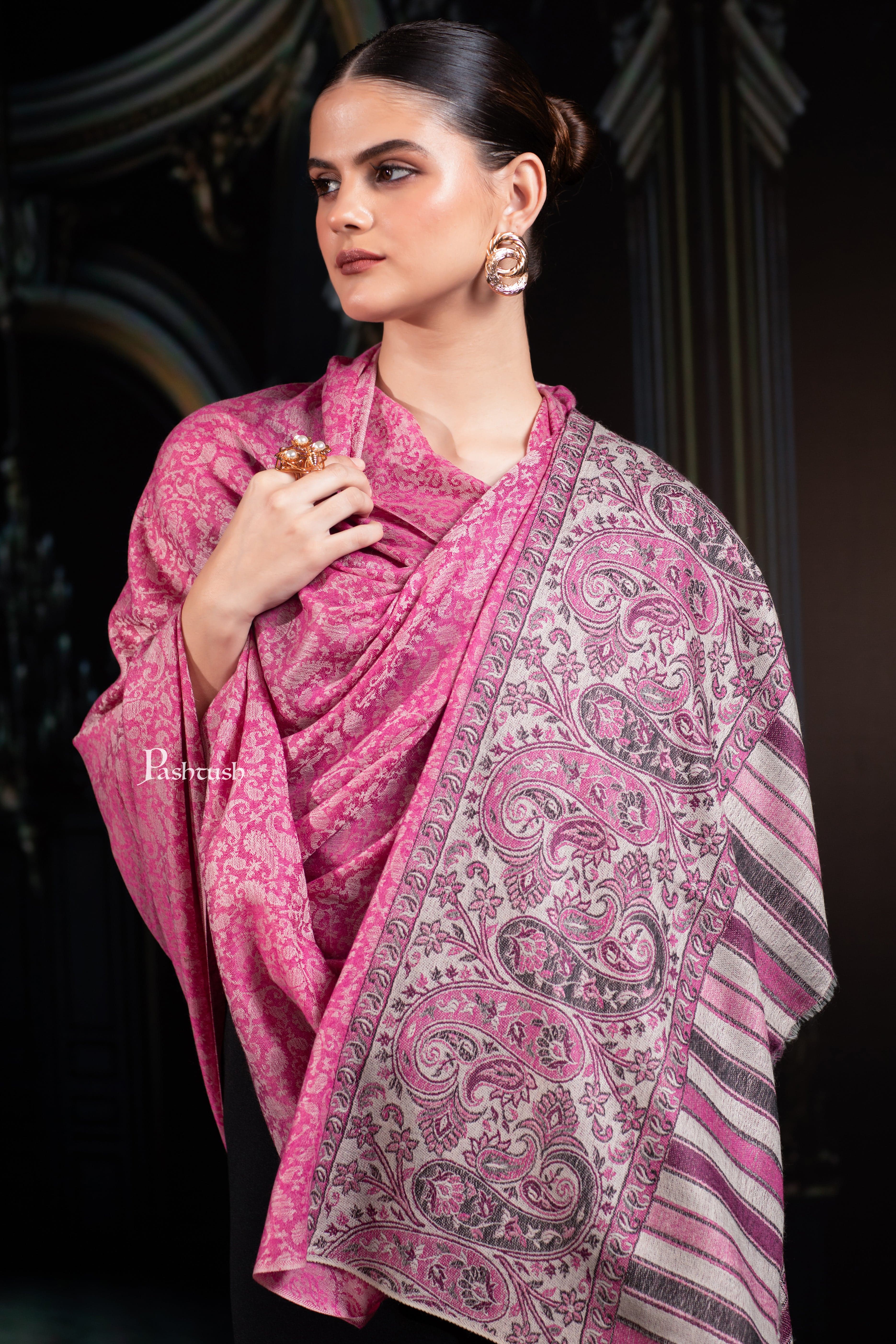 Pashtush Womens Extra Fine Wool Shawl, Extra Fine Wool Palla, Paisley Design, Fuchsia