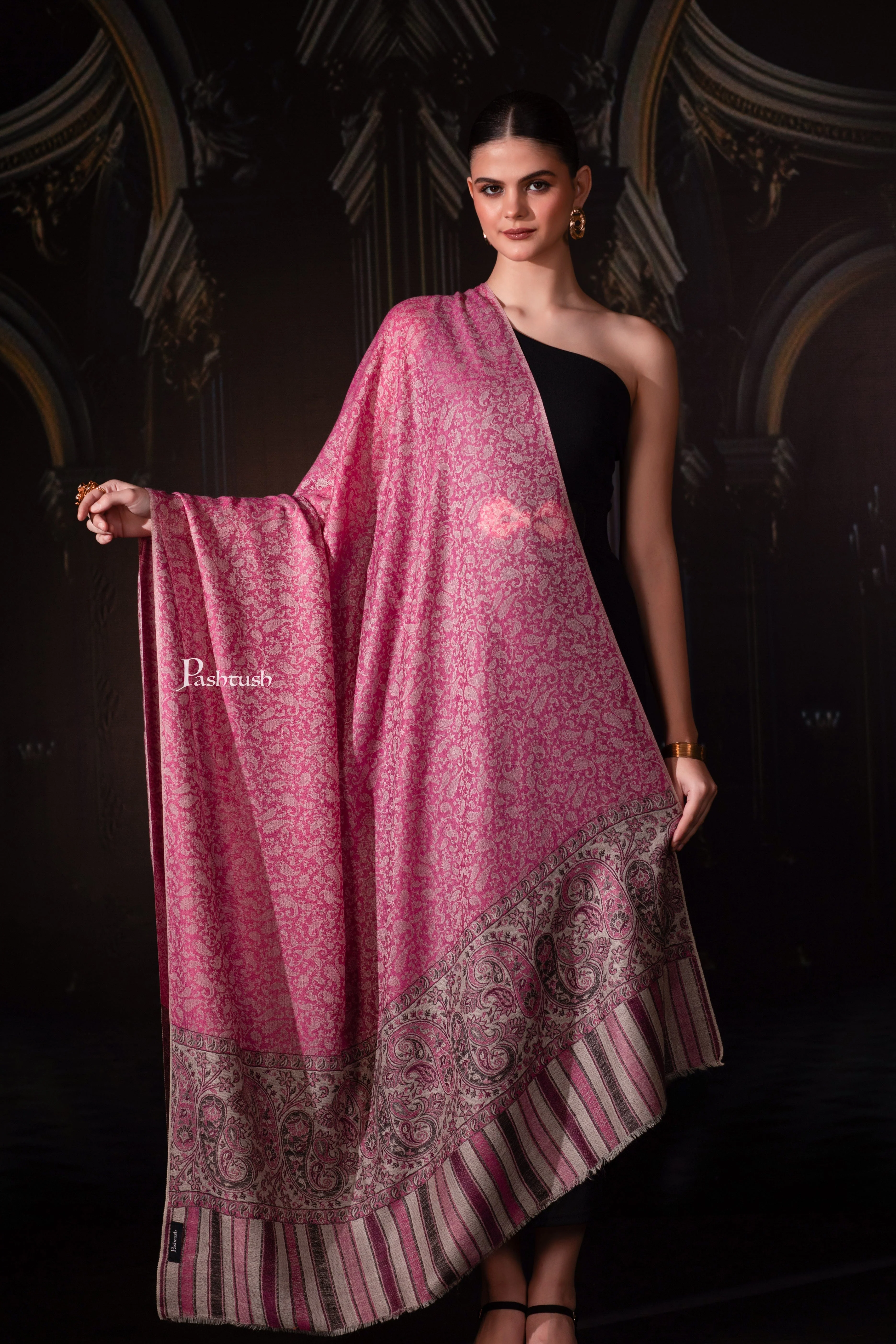 Pashtush Womens Extra Fine Wool Shawl, Extra Fine Wool Palla, Paisley Design, Fuchsia - Image 3