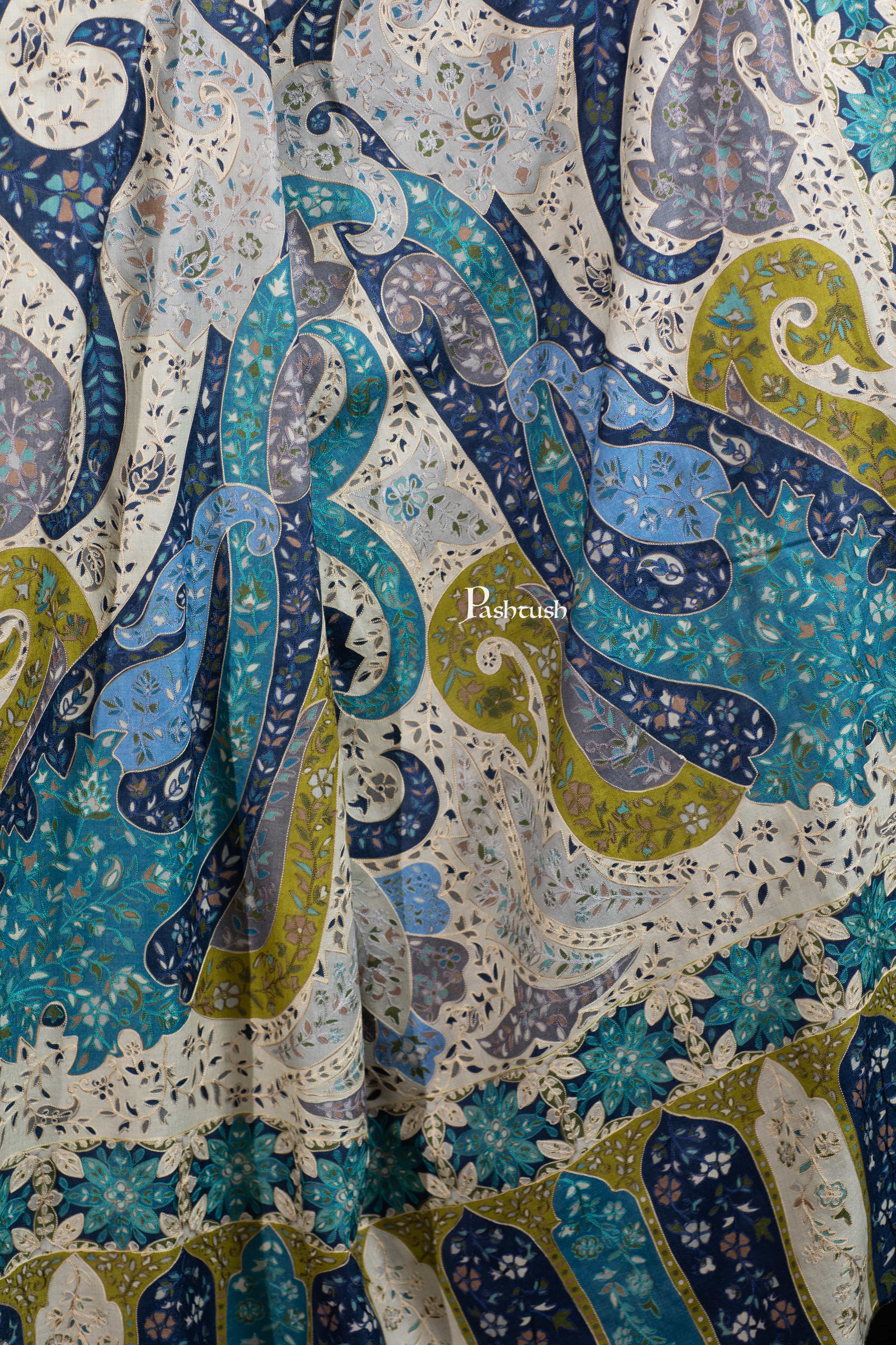 Pashtush Womens Extra Fine Wool Shawl, Hand Embroidered Kalamkari Design, Azure Blue - Image 2