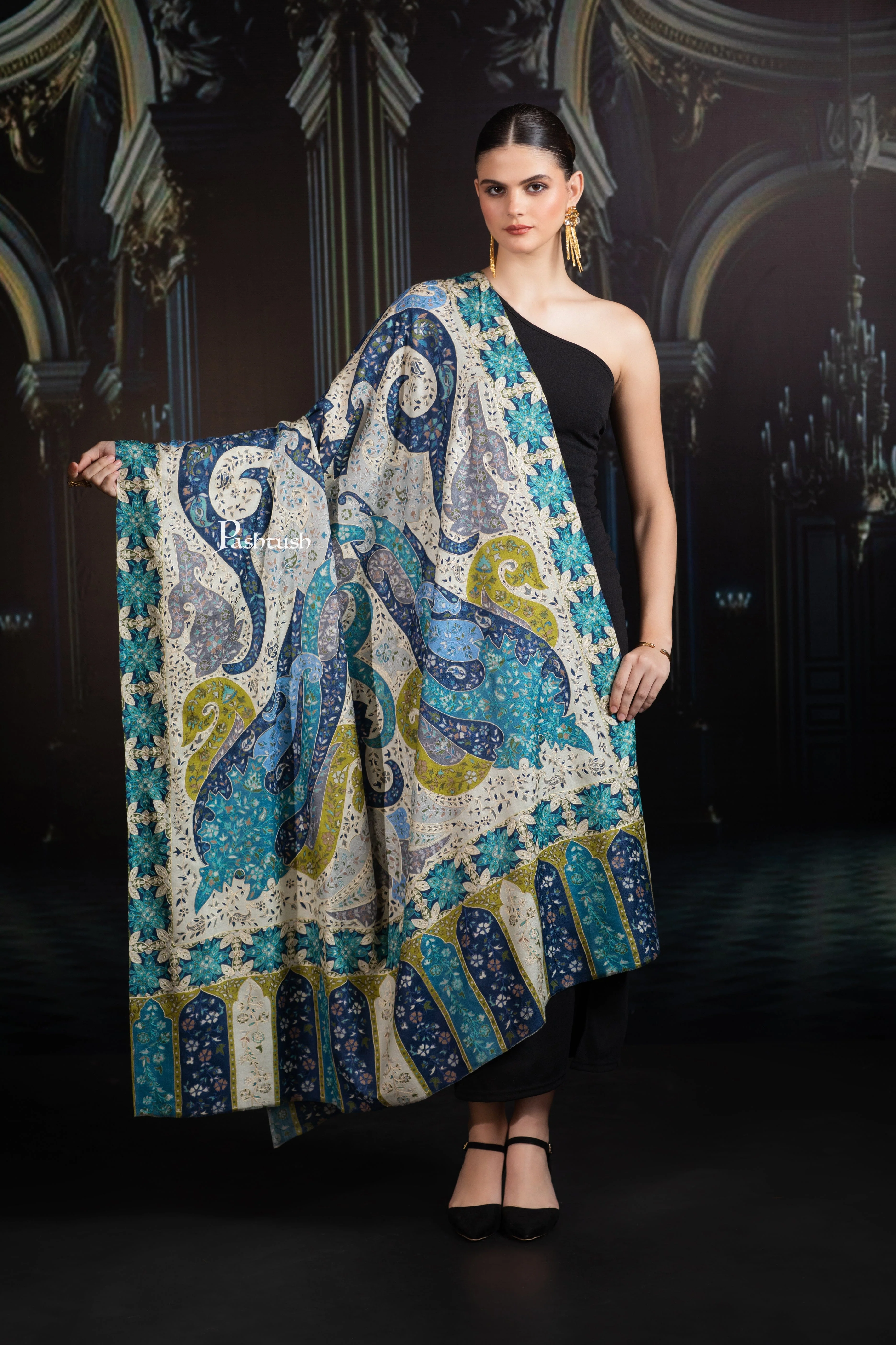 Pashtush Womens Extra Fine Wool Shawl, Hand Embroidered Kalamkari Design, Azure Blue - Image 3