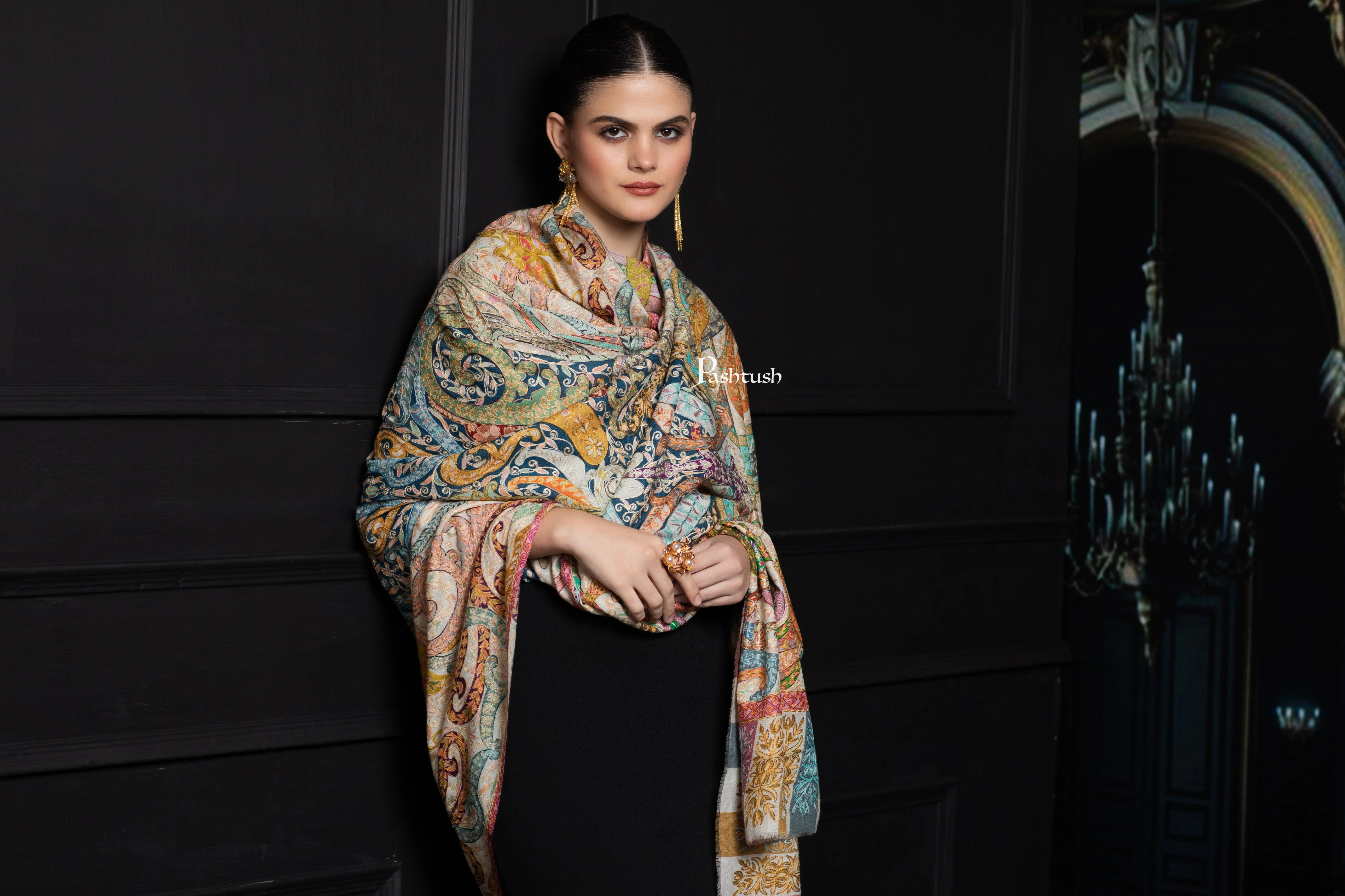Pashtush Womens Extra Fine Wool Shawl, Hand Embroidered Kalamkari Design, Multicolour - Image 8