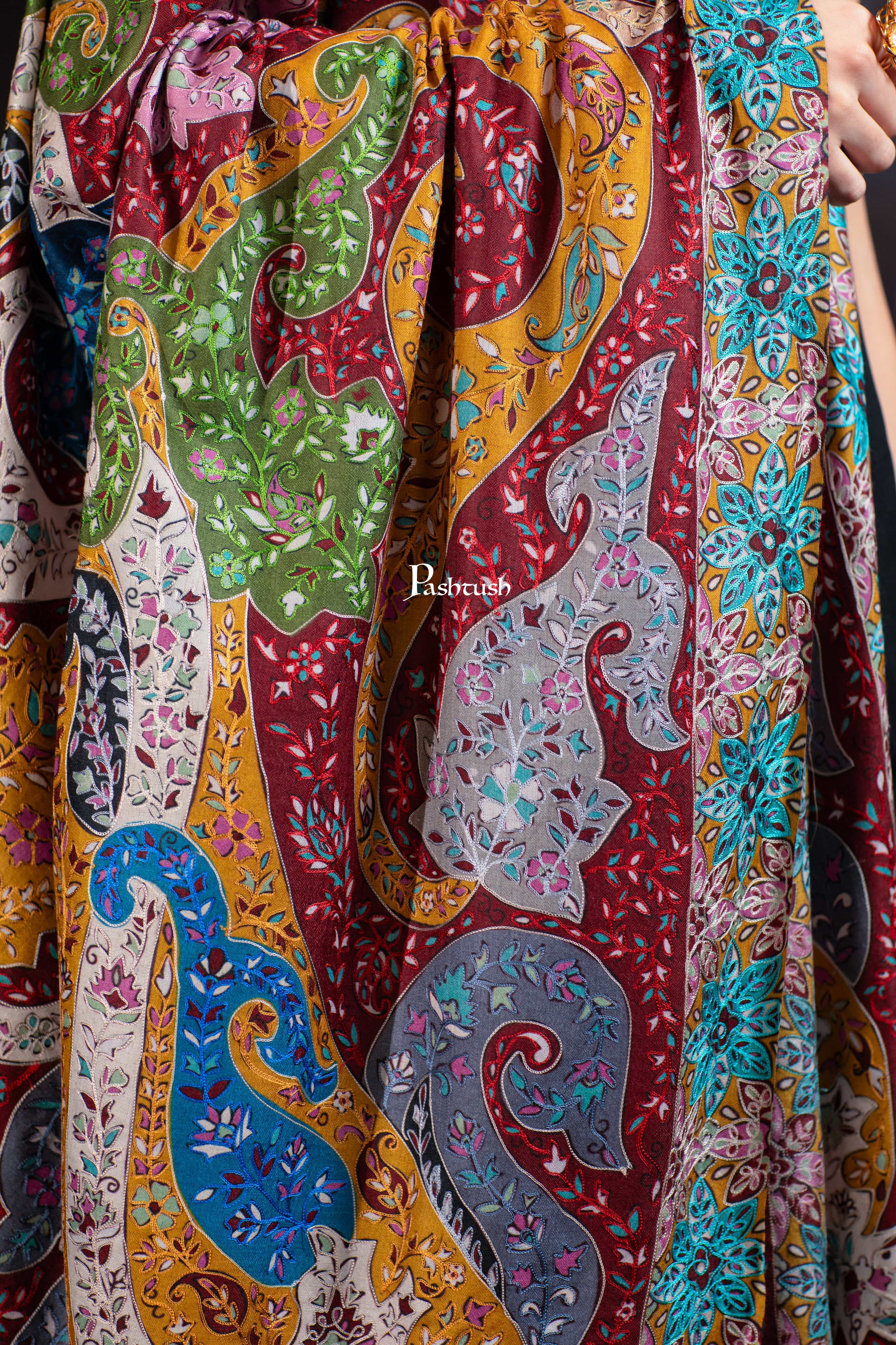 Pashtush Womens Extra Fine Wool Shawl, Hand Embroidered Kalamkari Design, Multicolour - Image 2