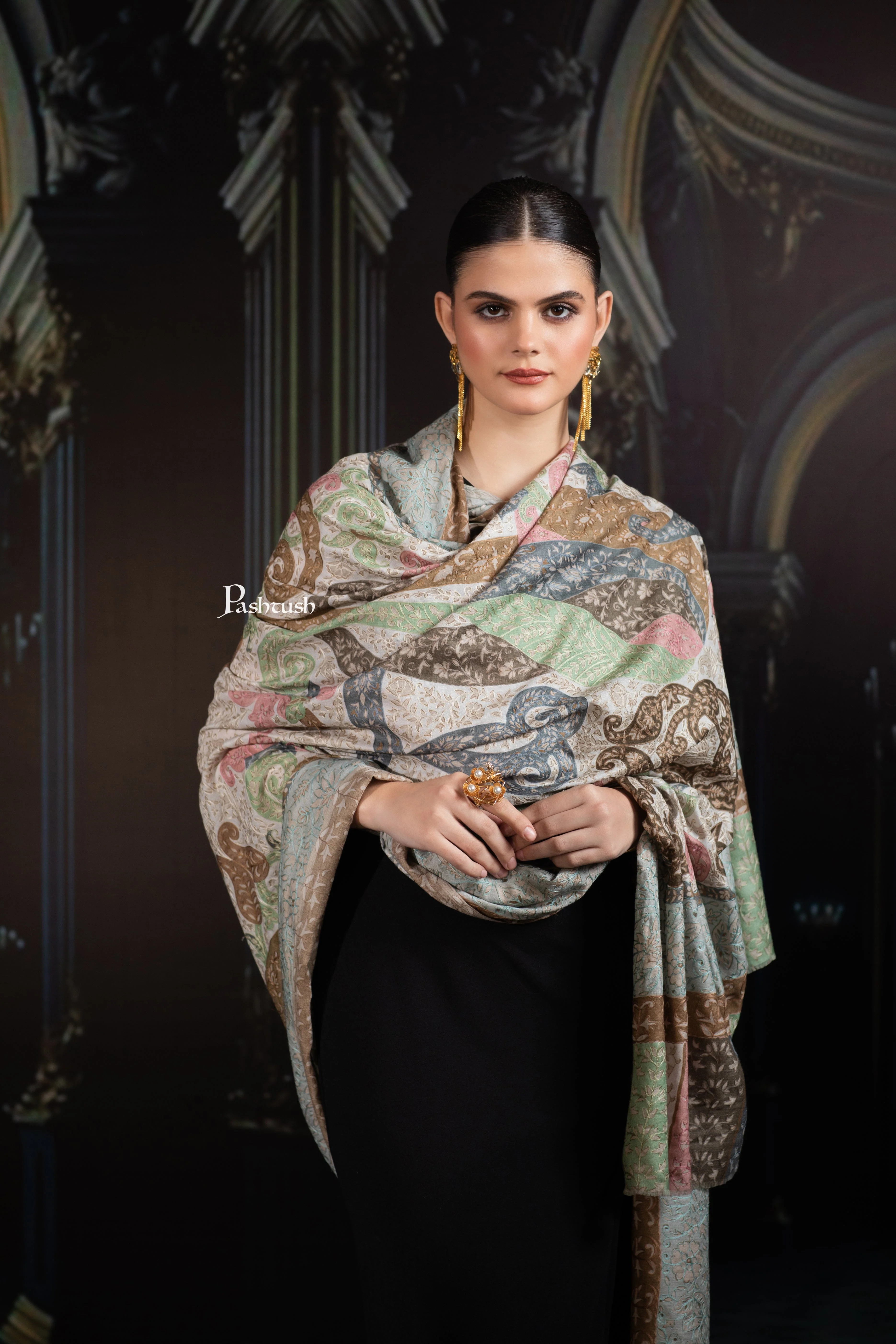 Pashtush Womens Extra Fine Wool Shawl, Hand Embroidered Kalamkari Design, Soft Pastels - Image 3