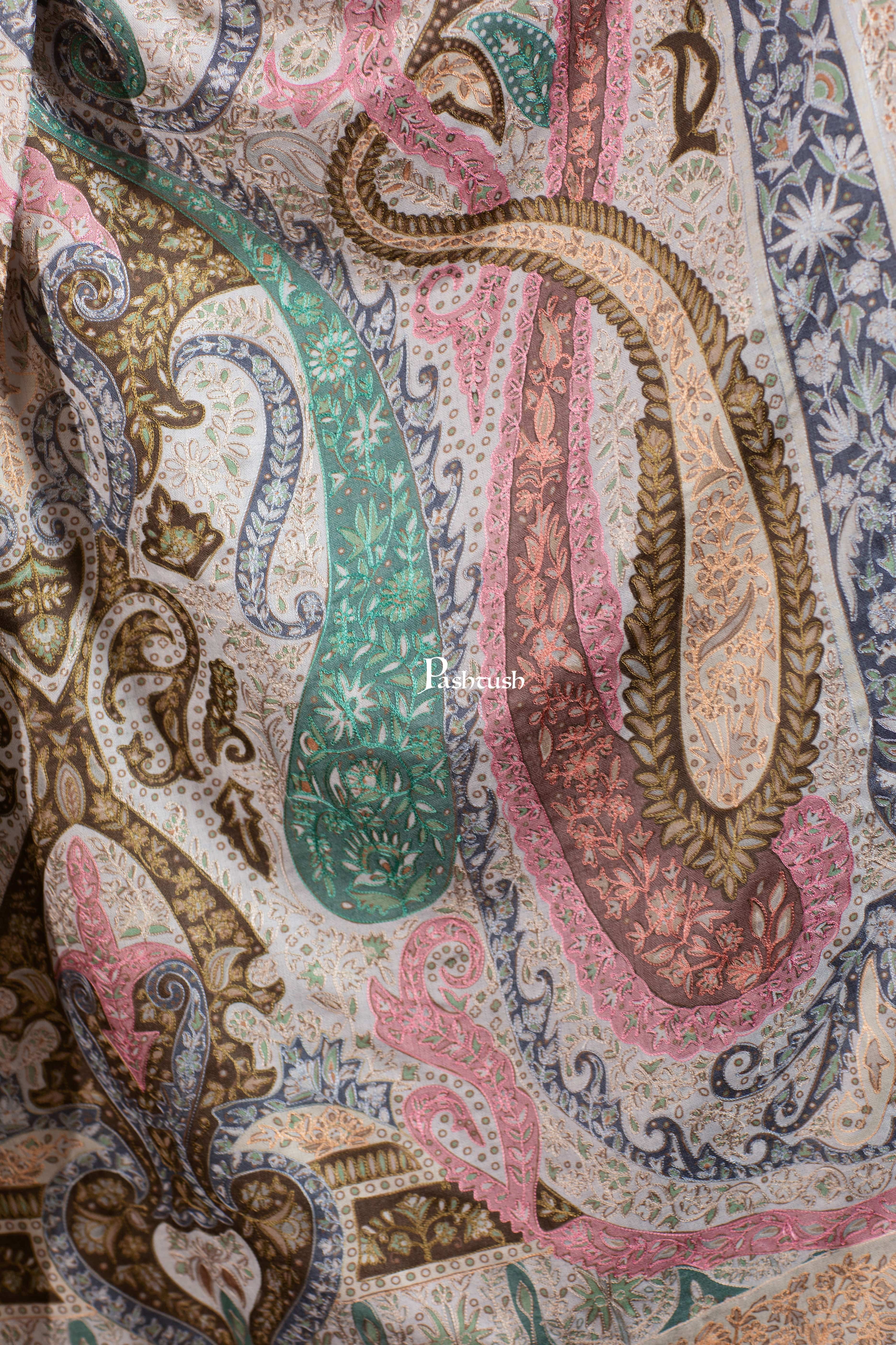 Pashtush Womens Extra Fine Wool Shawl, Hand Embroidered Kalamkari Design, Soft Pastels - Image 2