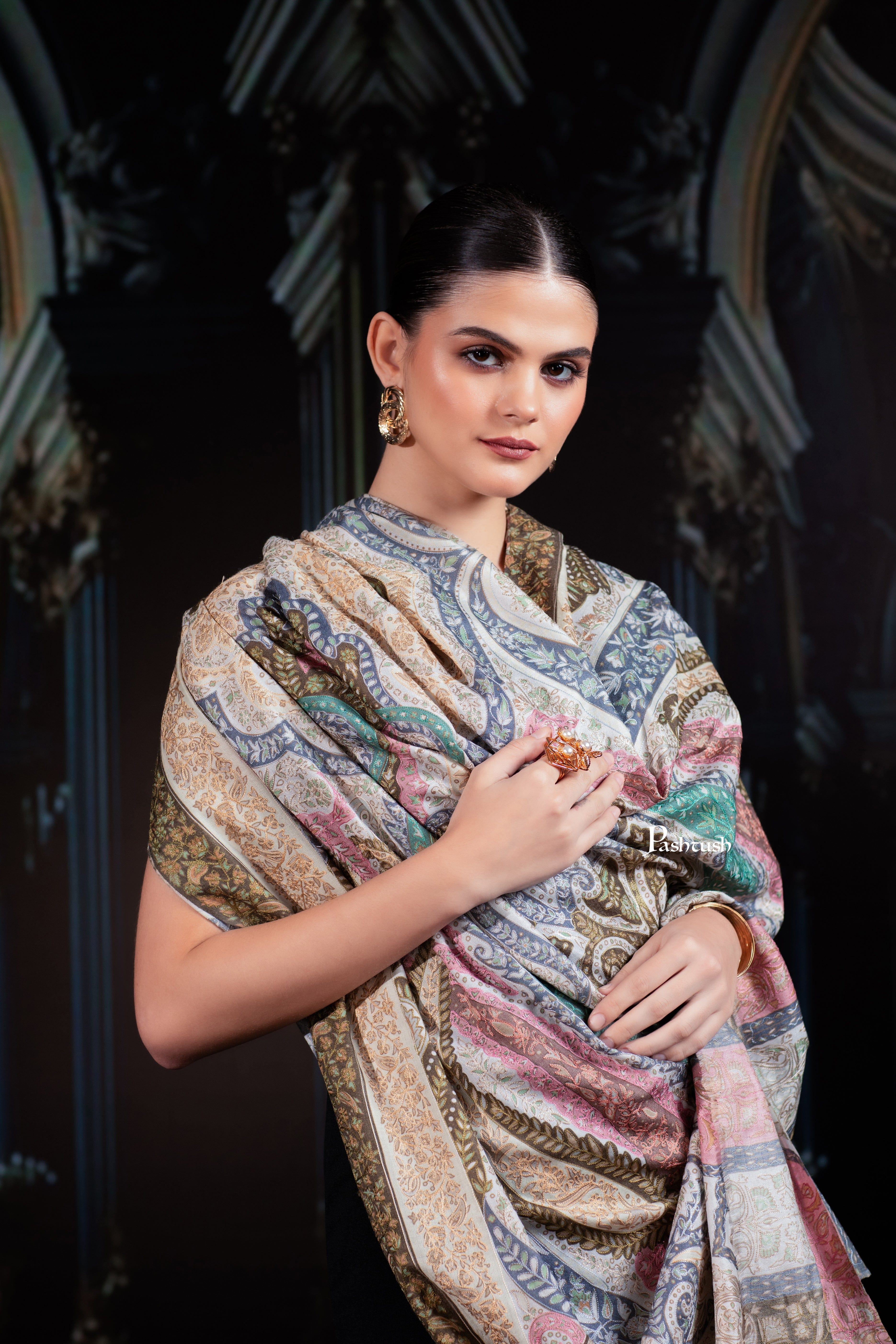 Pashtush Womens Extra Fine Wool Shawl, Hand Embroidered Kalamkari Design, Soft Pastels - Image 9