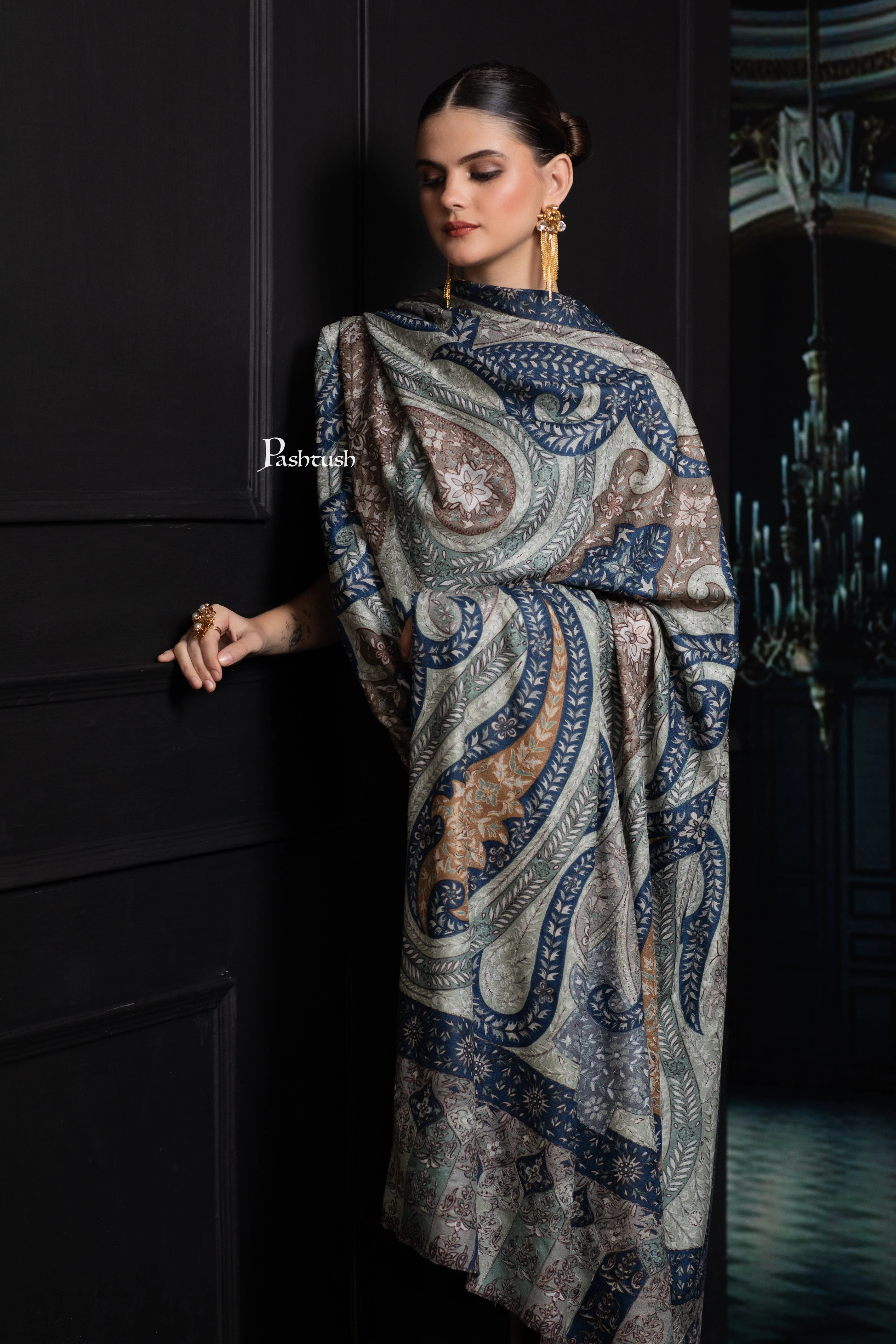 Pashtush Womens Extra Fine Wool Shawl, Hand Embroidered Kalamkari Design, Teal Grace - Image 3