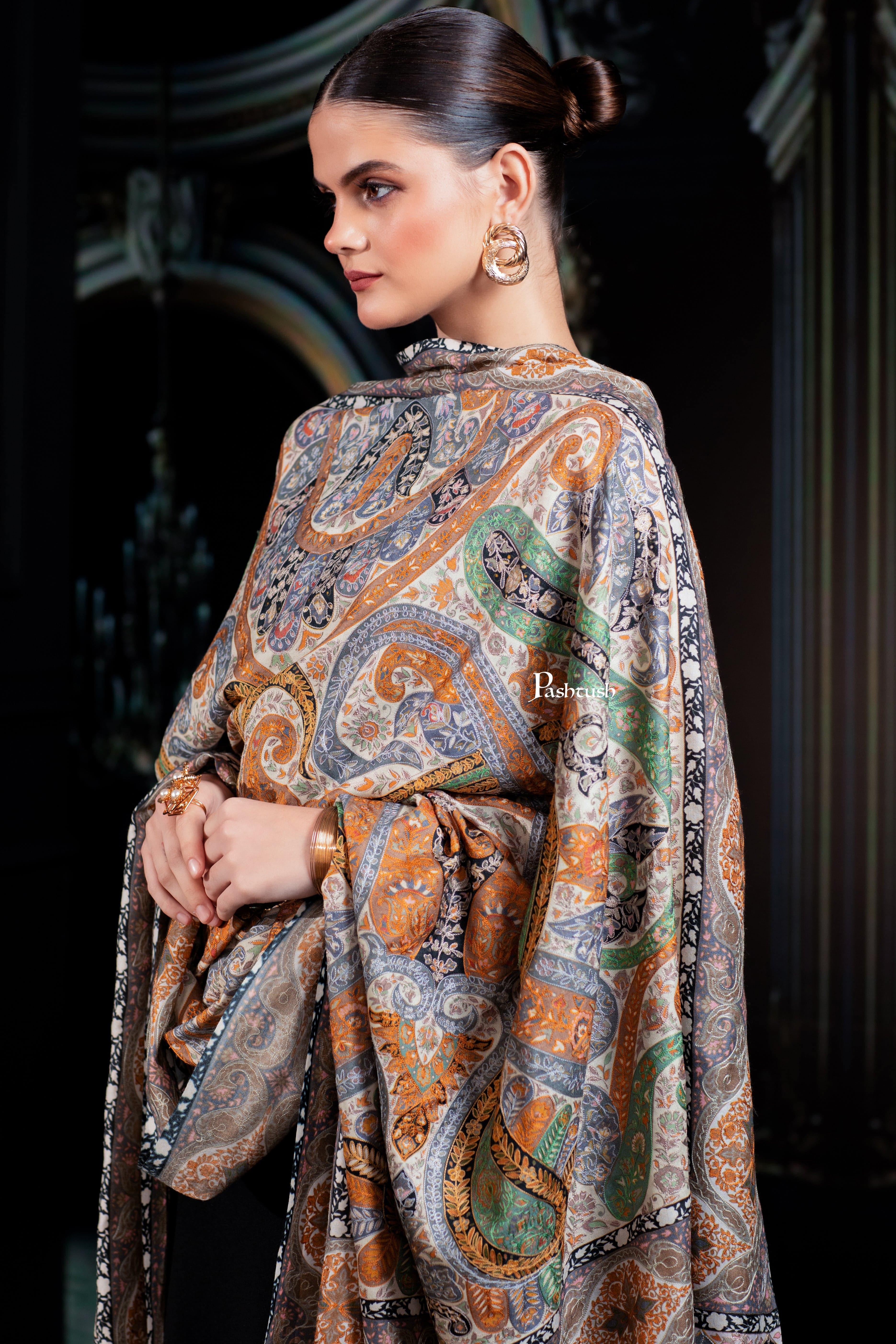 Pashtush Womens Extra Fine Wool Shawl, Hand Embroidered Kalamkari, Pastel Hues - Image 5