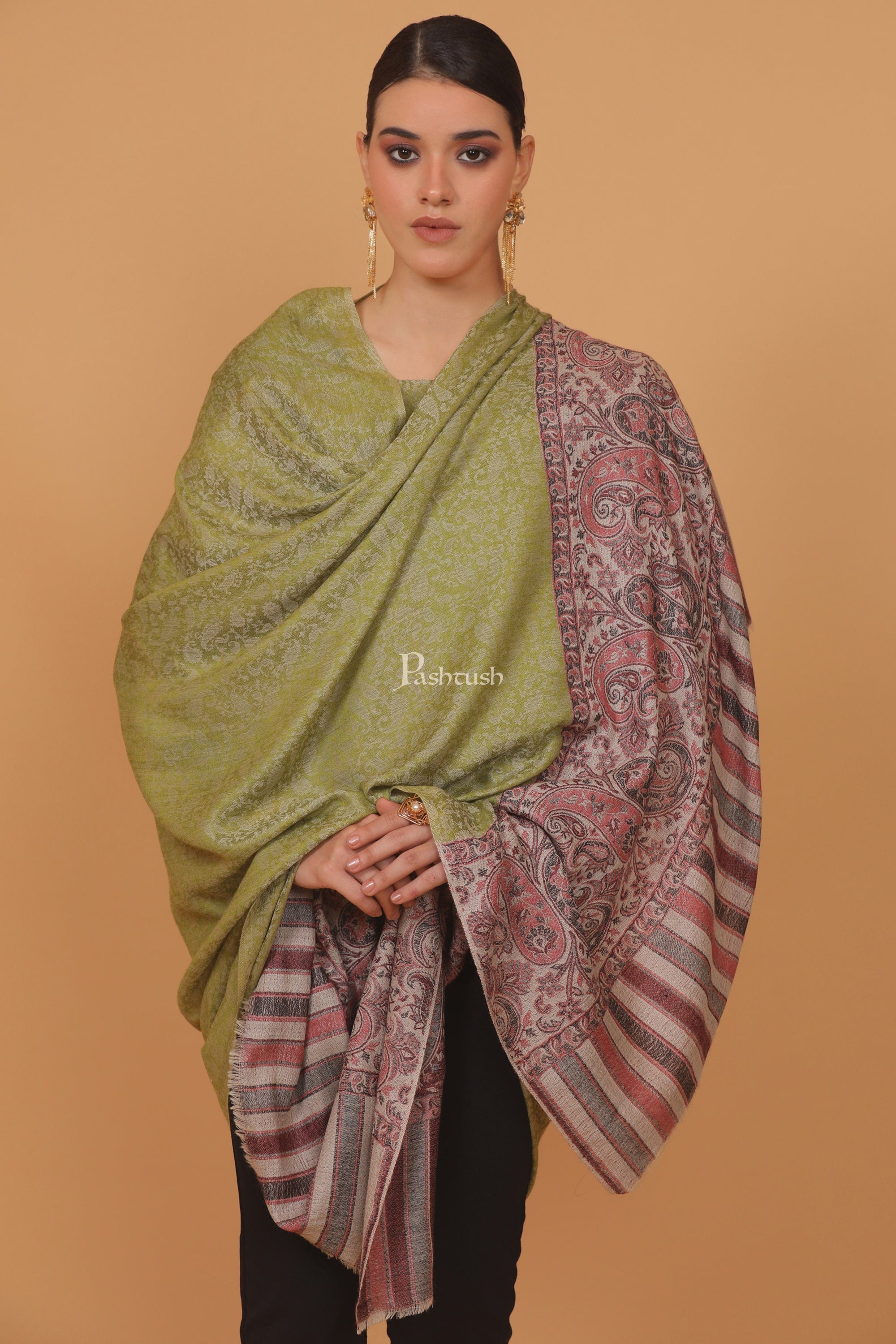 Pashtush womens Extra Fine Wool shawl, JACQUARD PALLA design, Green - Image 2