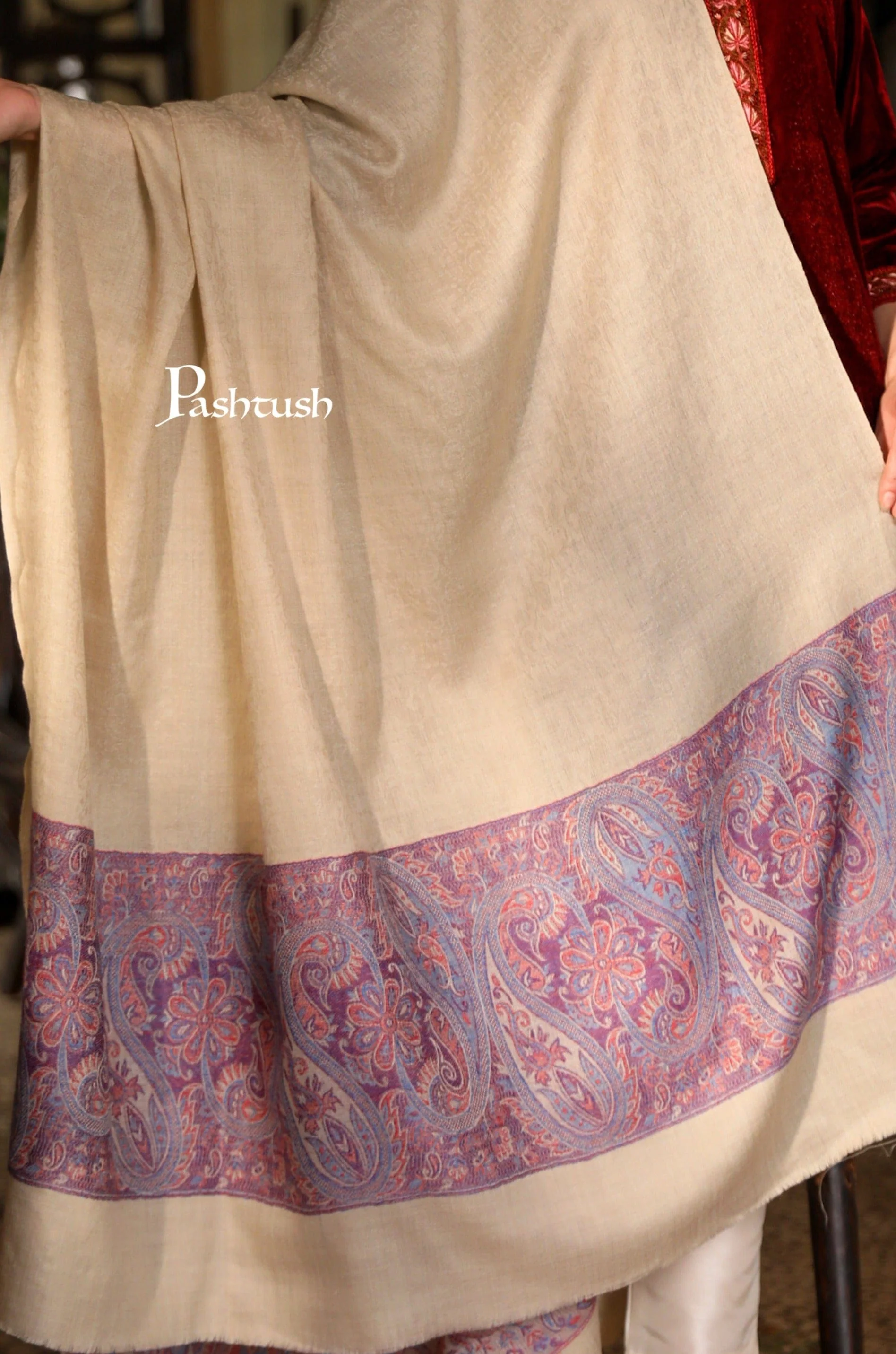 Pashtush Womens Extra Fine Wool Shawl, Jacquard, Soft, Warm And Ultra Light Weight, Beige - Image 2
