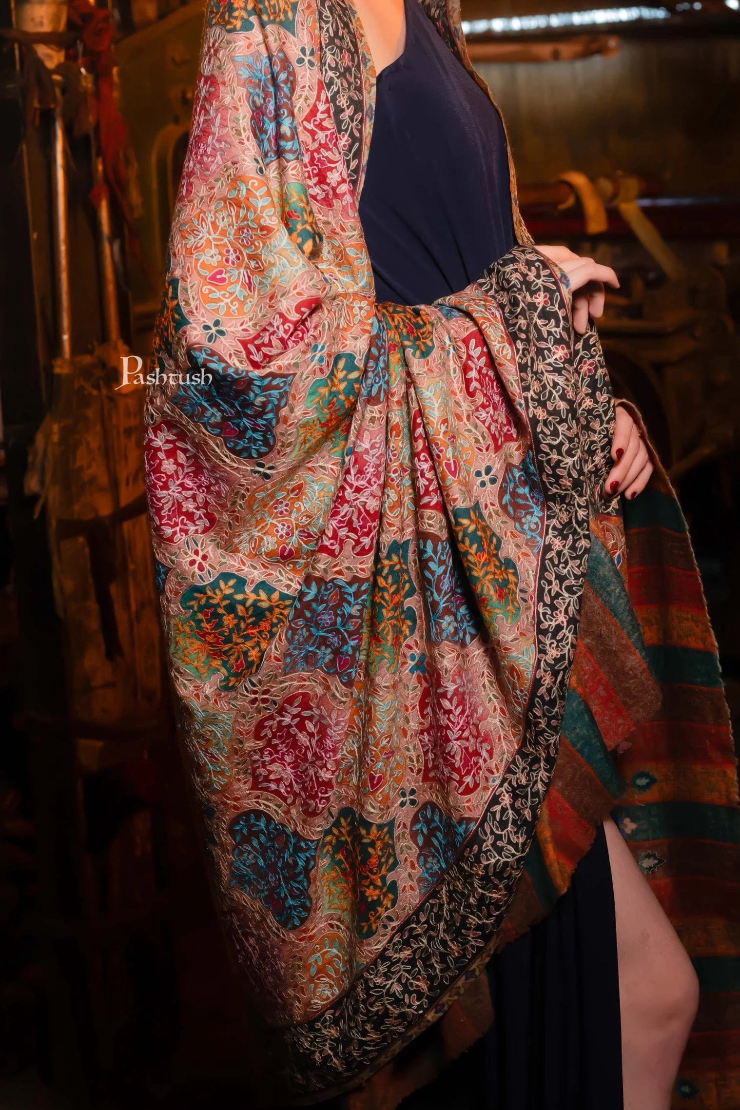 Pashtush Womens Extra Fine Wool Shawl, Kalamkari Embroidery, Nalki Jama Design, Multicolour - Image 2