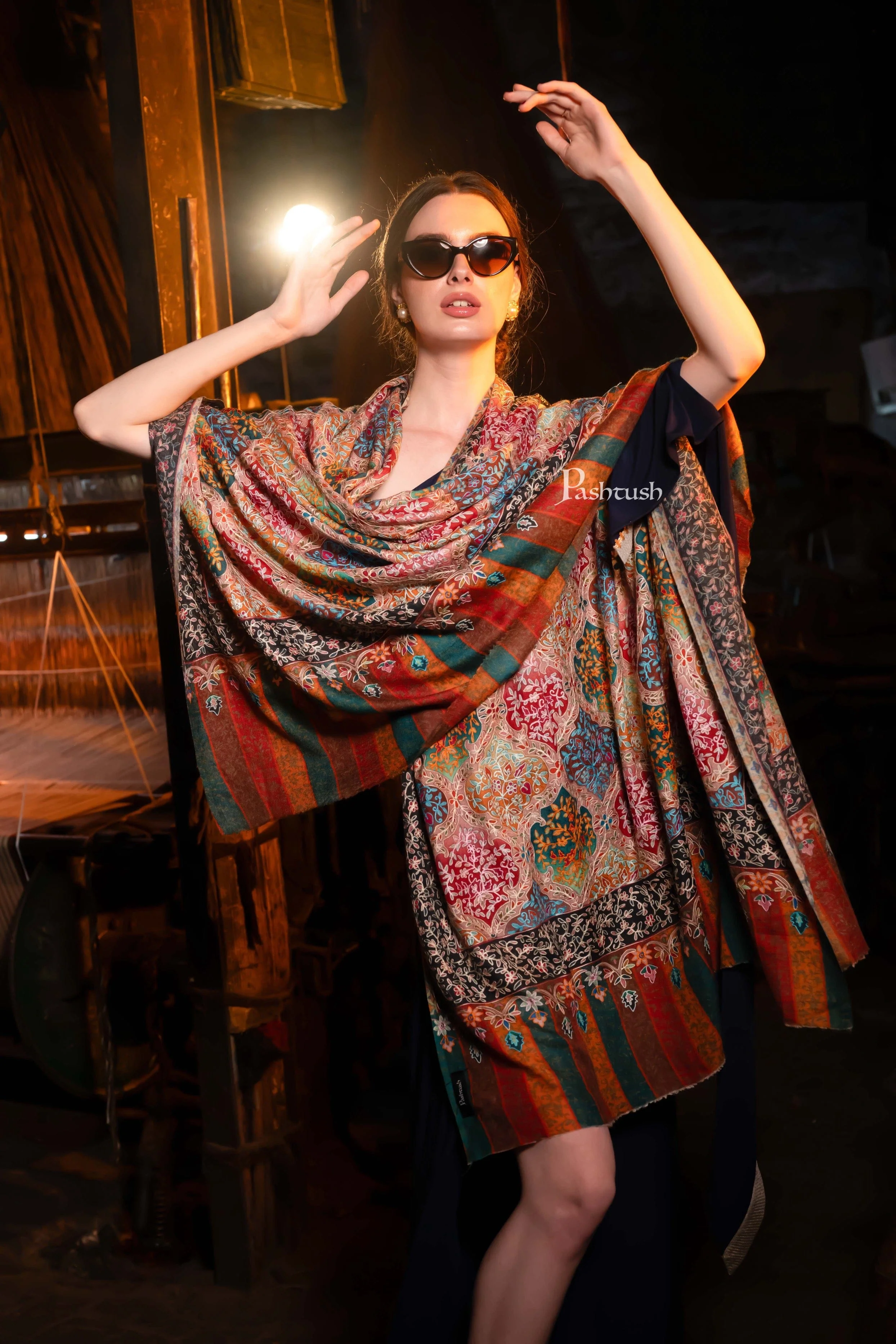 Pashtush Womens Extra Fine Wool Shawl, Kalamkari Embroidery, Nalki Jama Design, Multicolour - Image 3