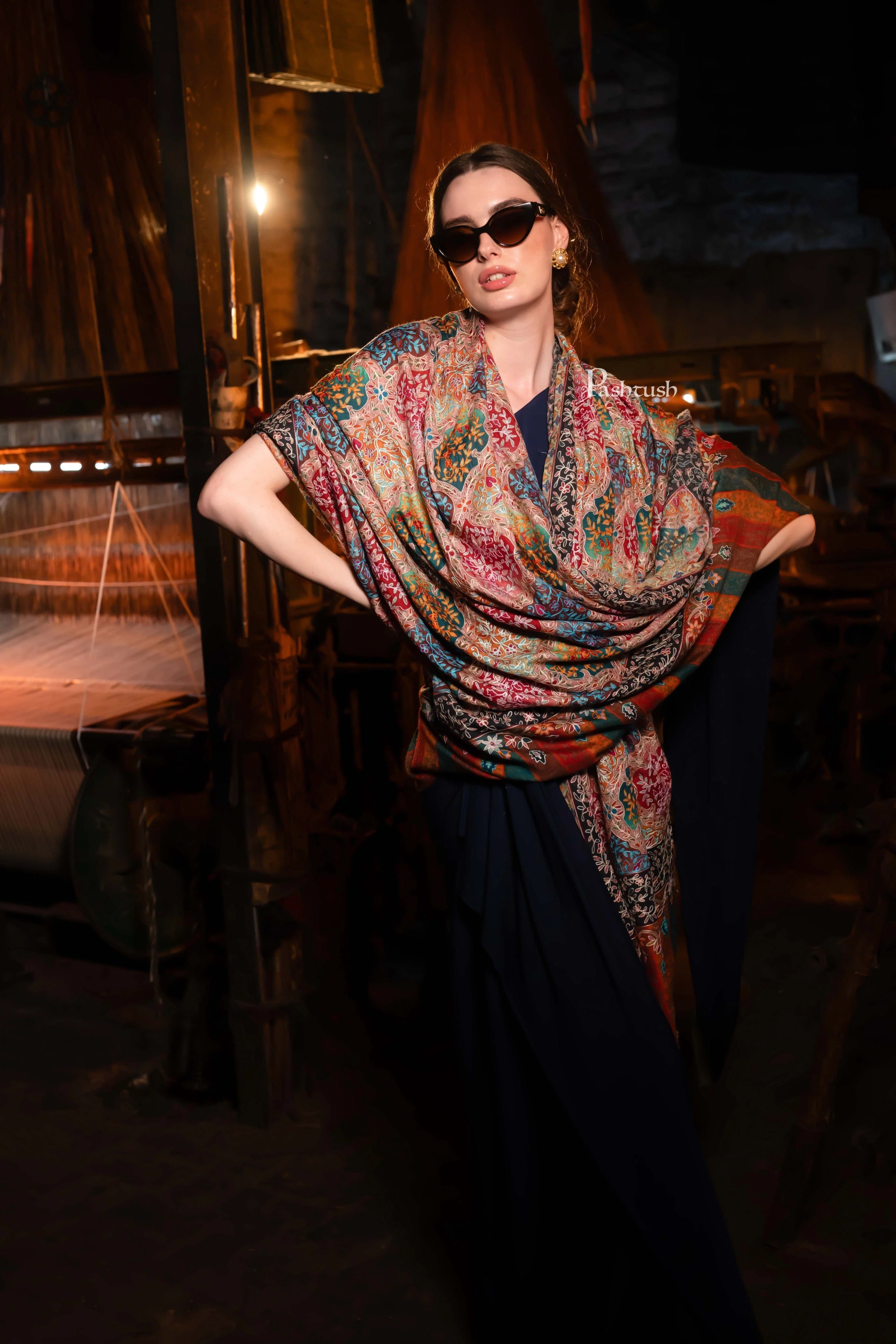 Pashtush Womens Extra Fine Wool Shawl, Kalamkari Embroidery, Nalki Jama Design, Multicolour - Image 4