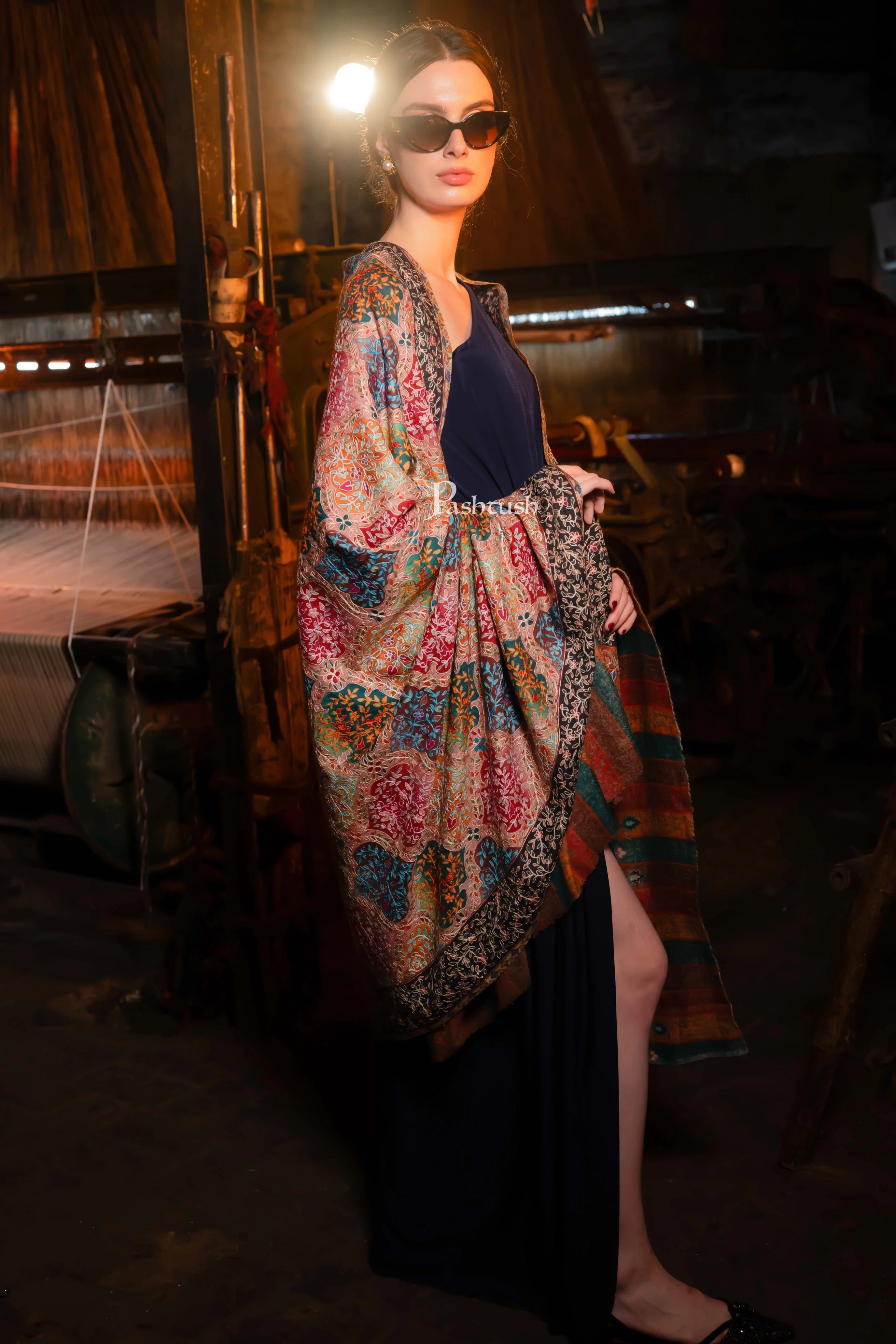Pashtush Womens Extra Fine Wool Shawl, Kalamkari Embroidery, Nalki Jama Design, Multicolour - Image 5