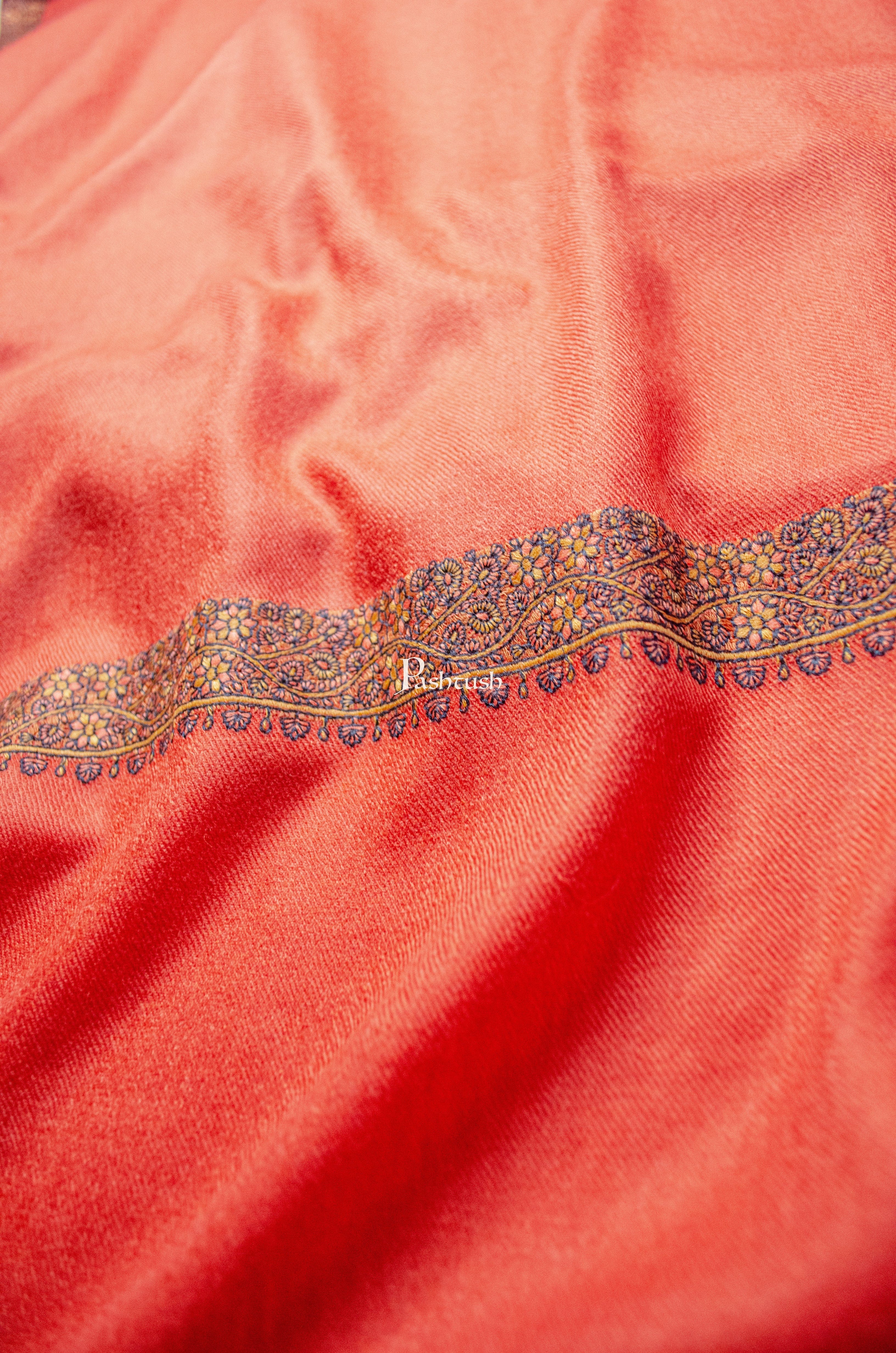 Pashtush Womens Extra Fine Wool Shawl, Multi Border Embroidery Design, Deep Orange