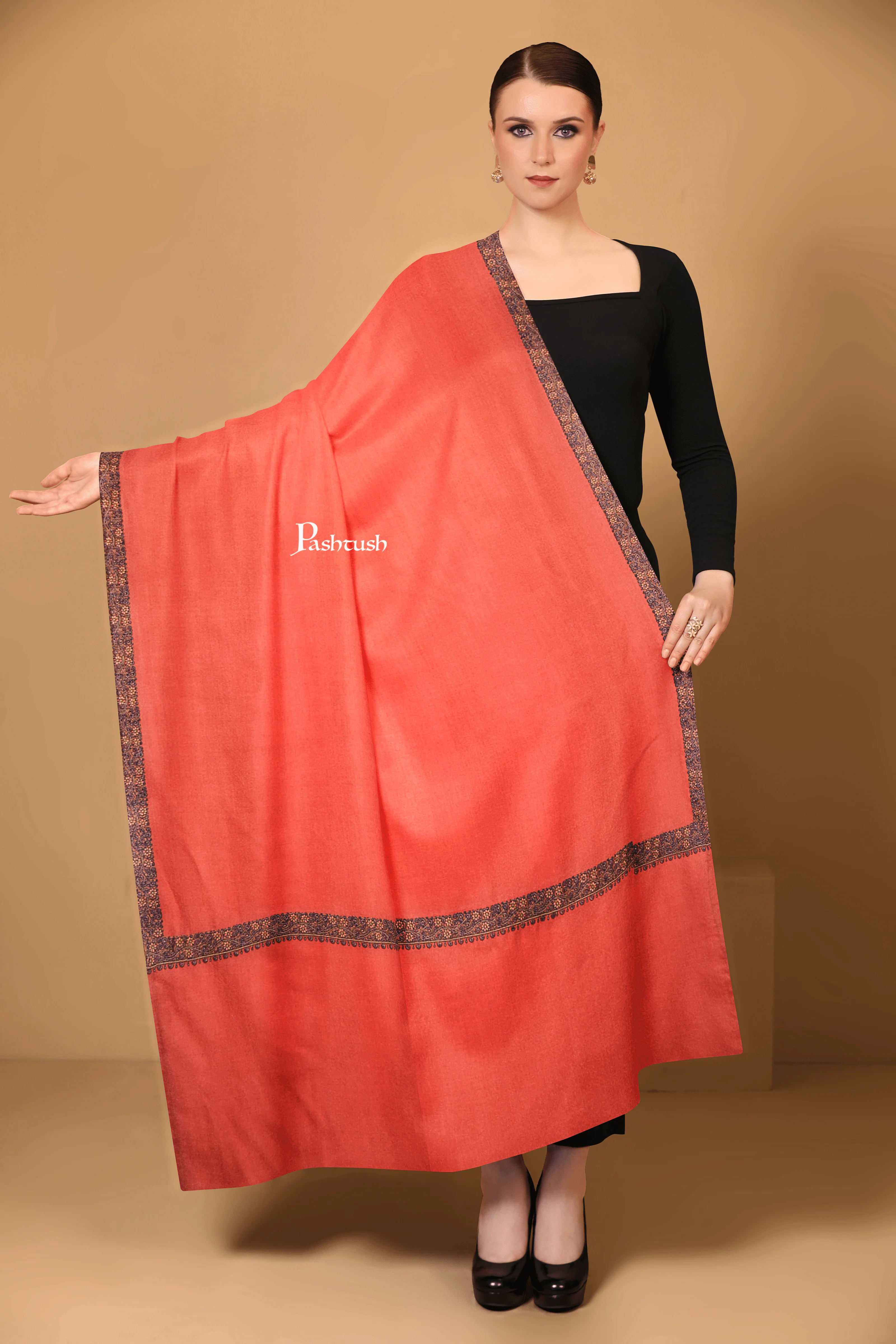 Pashtush Womens Extra Fine Wool Shawl, Multi Border Embroidery Design, Deep Orange - Image 2