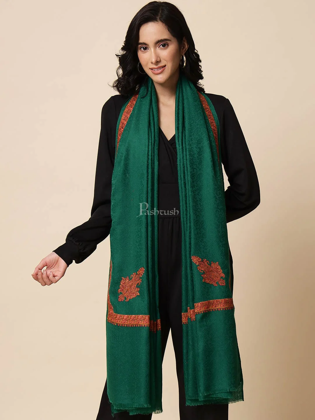 Pashtush womens Extra Fine Wool shawl, multi kingri embroidery design, Green
