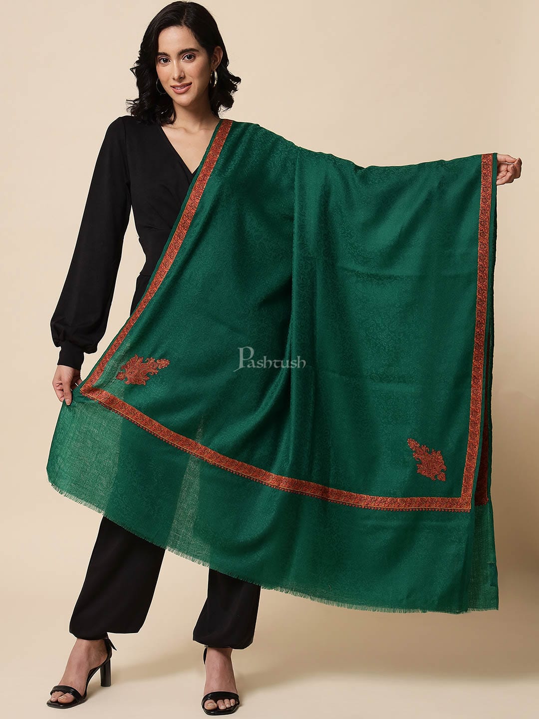 Pashtush womens Extra Fine Wool shawl, multi kingri embroidery design, Green - Image 2