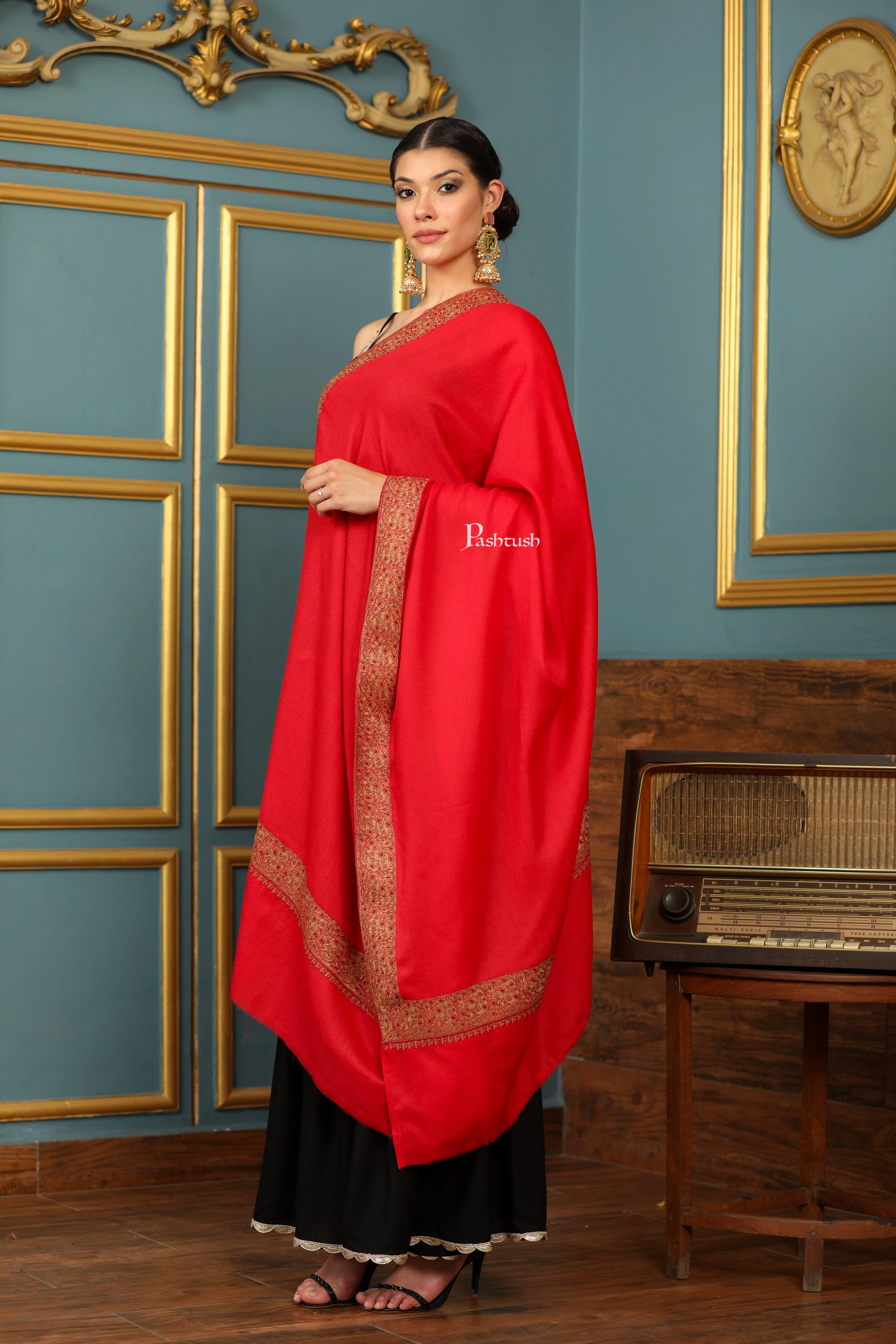 Pashtush Womens Extra Fine Wool Shawl, Mutli Border Design, Red - Image 5